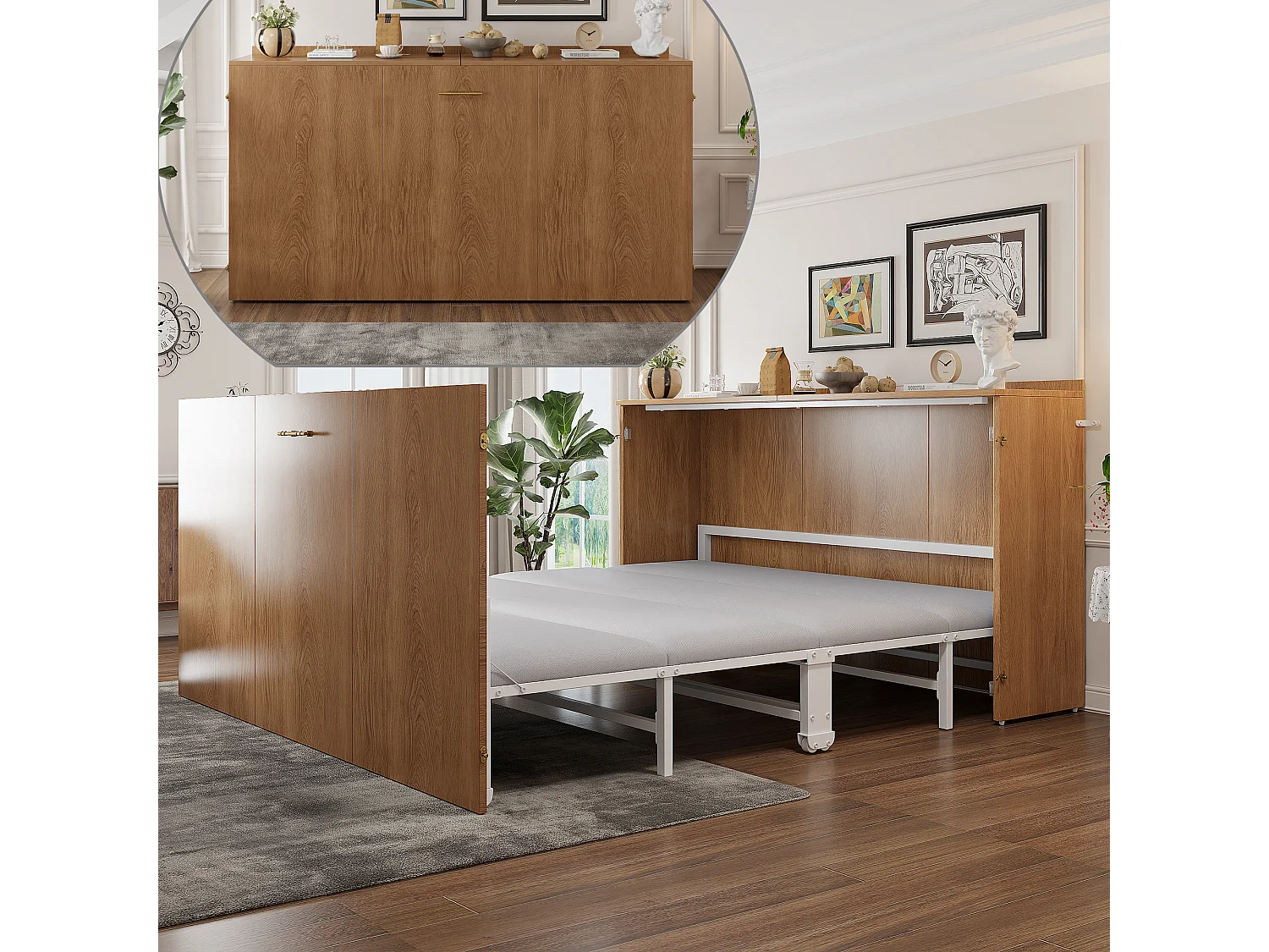 Lit escamotable avec structure en métal - 140 x 200 cm - cadre de lit avec matelas + roulettes - bois + métal - naturel（avec matelas)