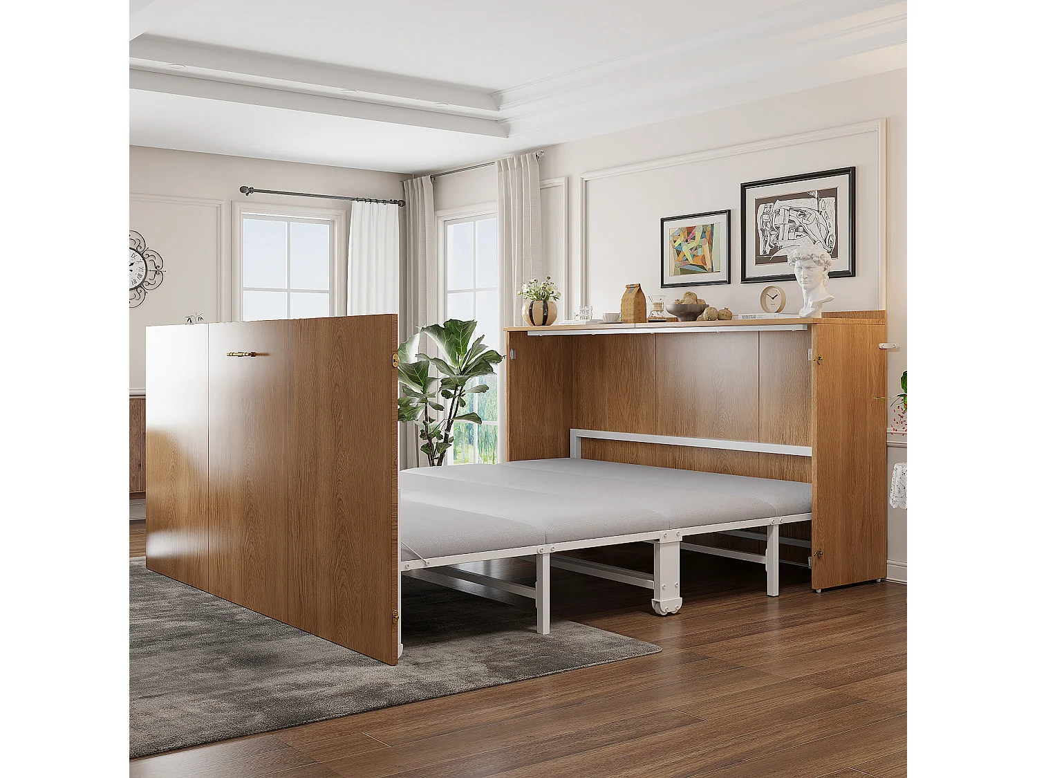 Lit escamotable avec structure en métal - 140 x 200 cm - cadre de lit avec matelas + roulettes - bois + métal - naturel（avec matelas)