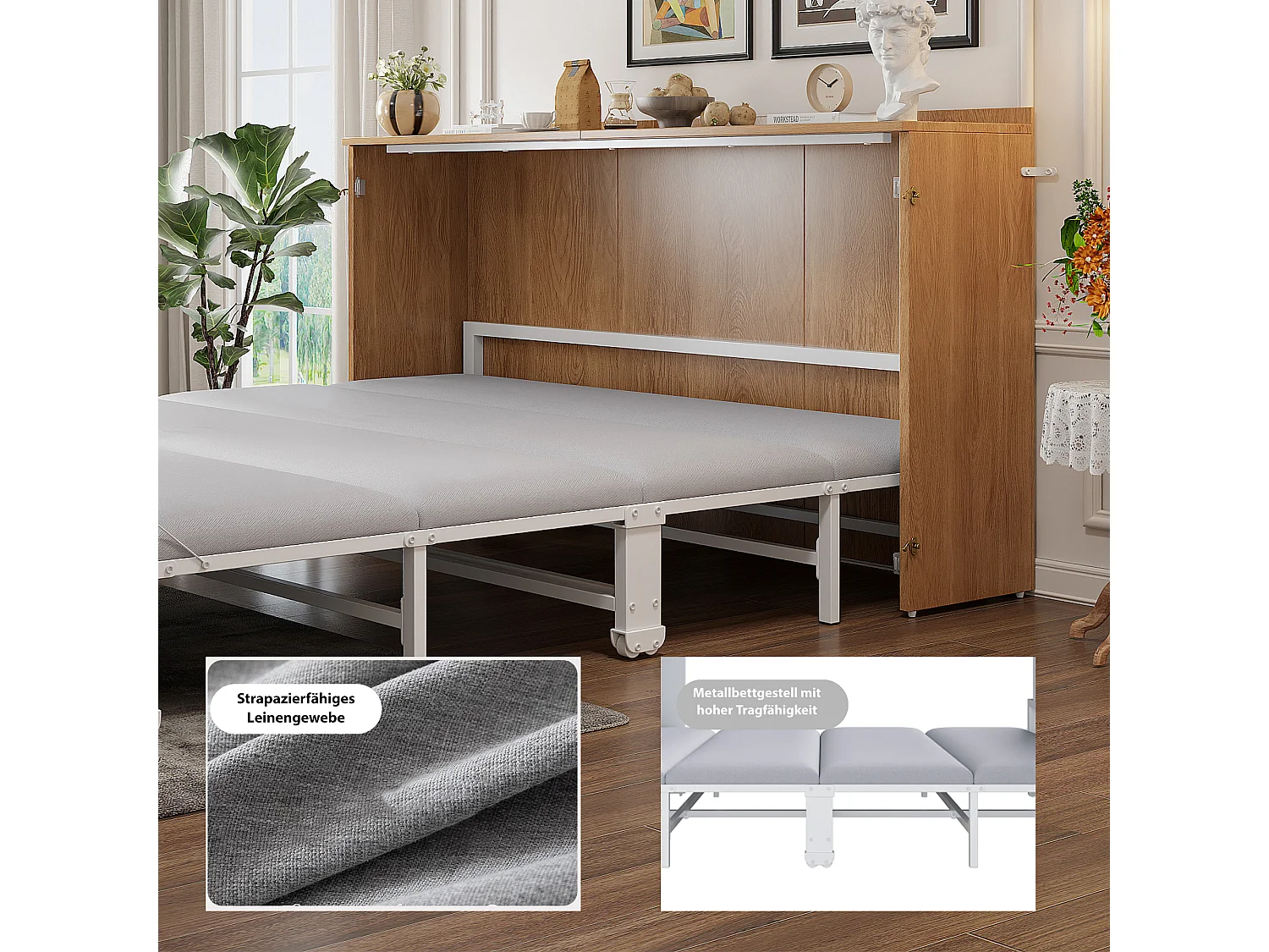 Lit escamotable avec structure en métal - 140 x 200 cm - cadre de lit avec matelas + roulettes - bois + métal - naturel（avec matelas)