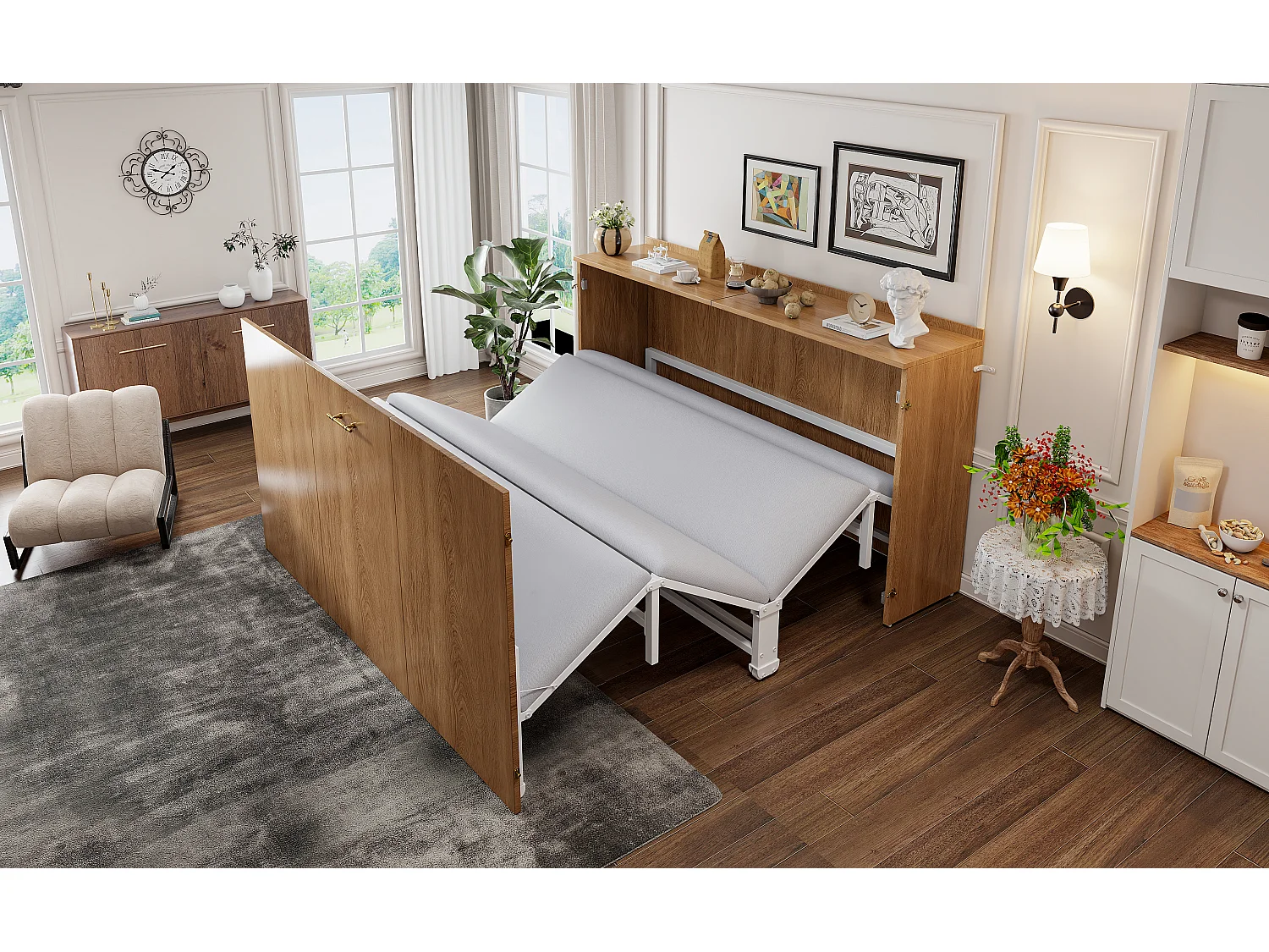 Lit escamotable avec structure en métal - 140 x 200 cm - cadre de lit avec matelas + roulettes - bois + métal - naturel（avec matelas)