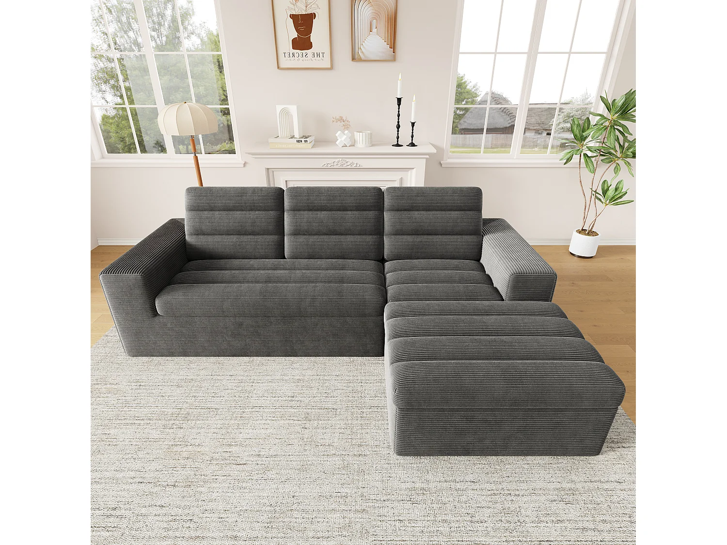 Canapé 4 places en velours gris foncé 253x161x89 cm