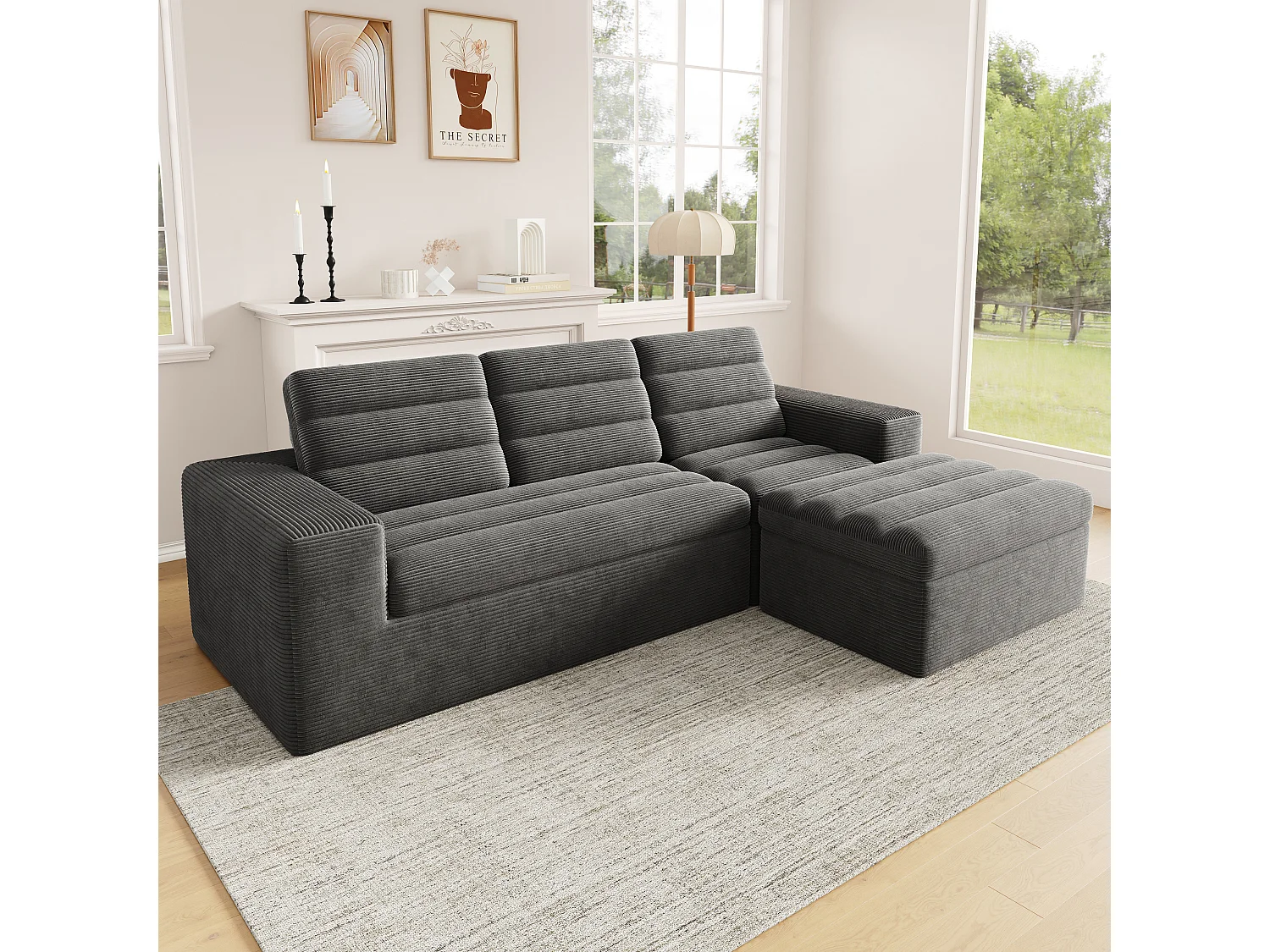 Canapé 4 places en velours gris foncé 253x161x89 cm