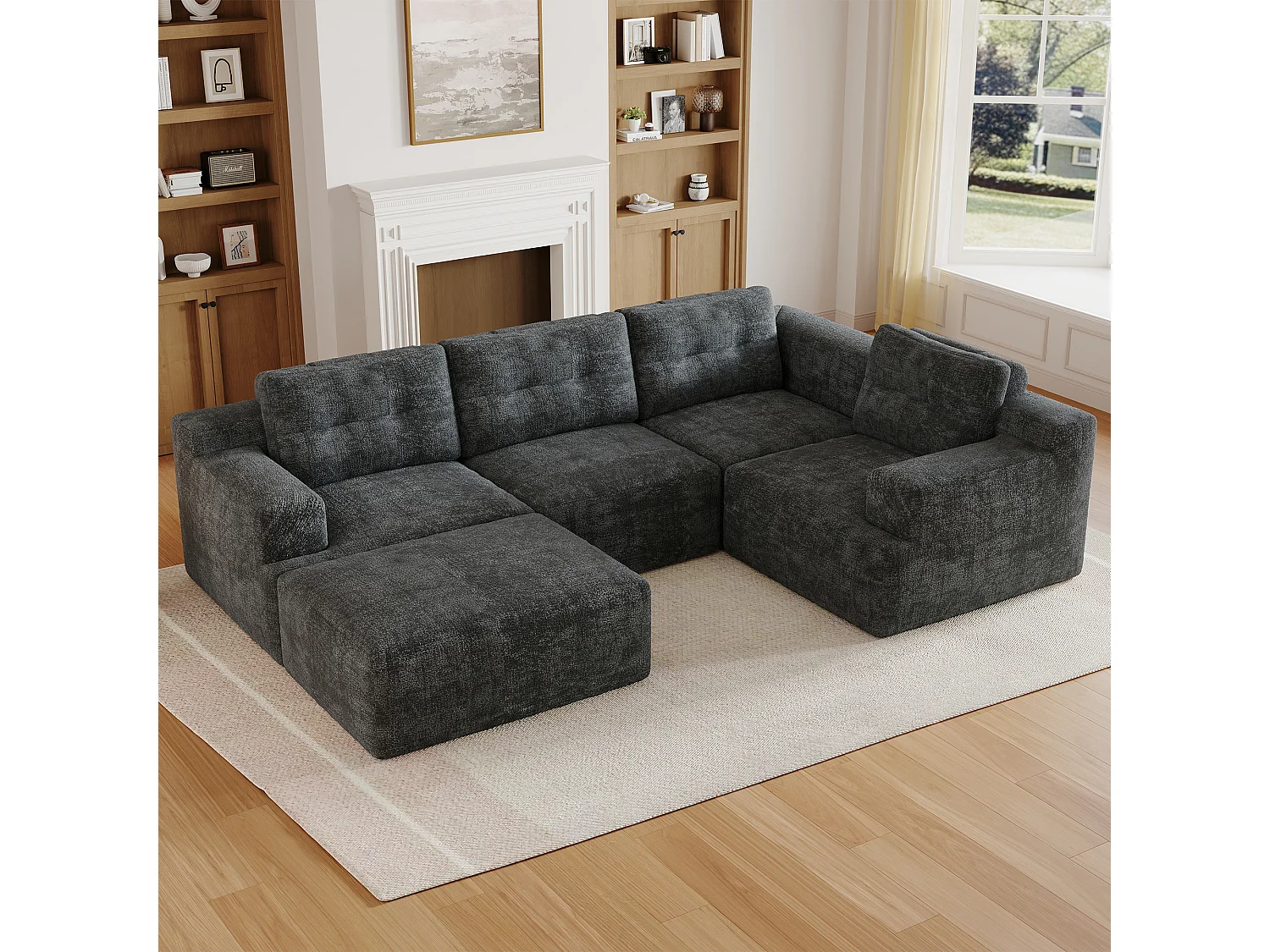Canapé 5 places en velours chenille gris 252x180x82 cm