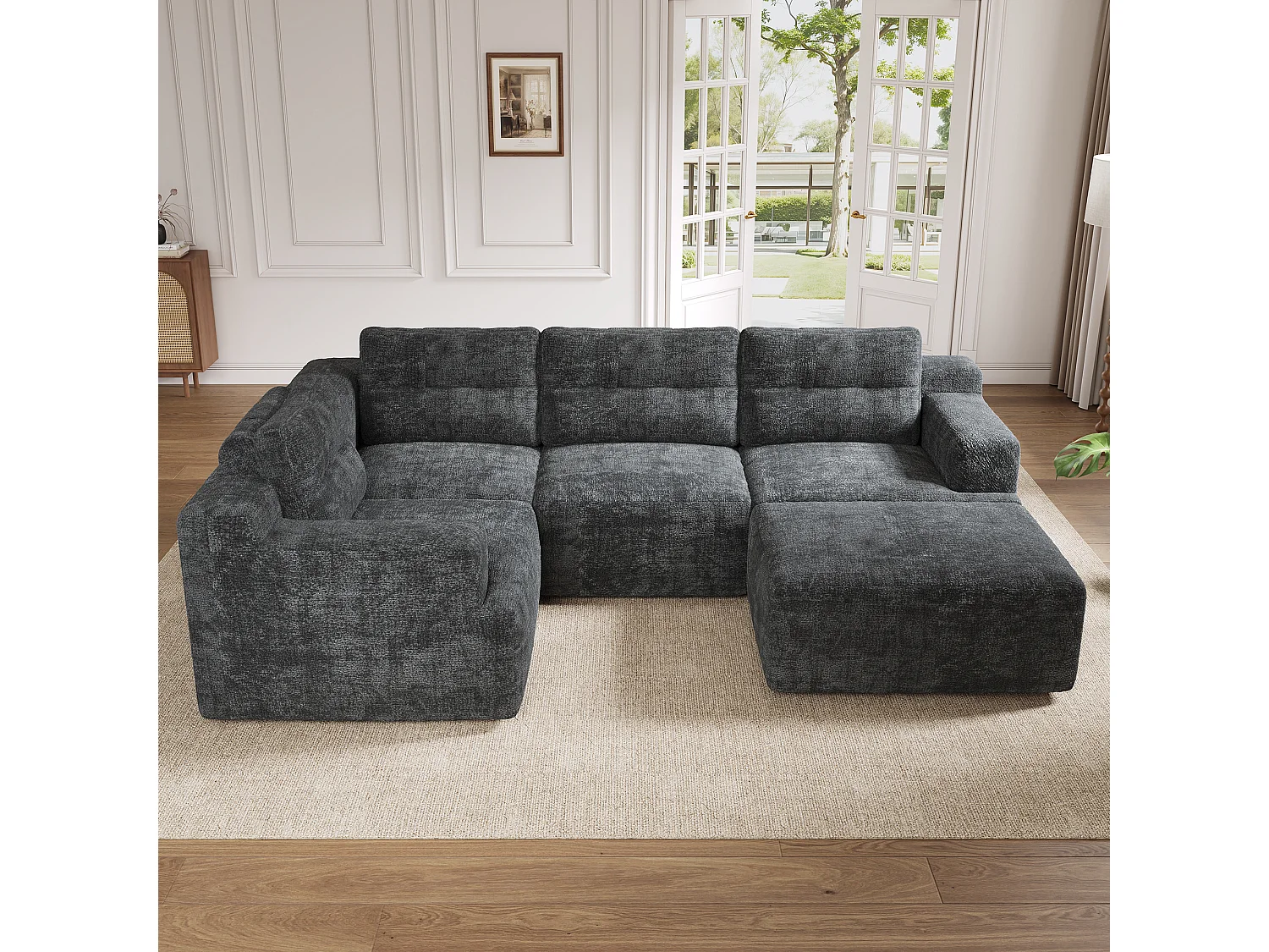 Canapé 5 places en velours chenille gris 252x180x82 cm