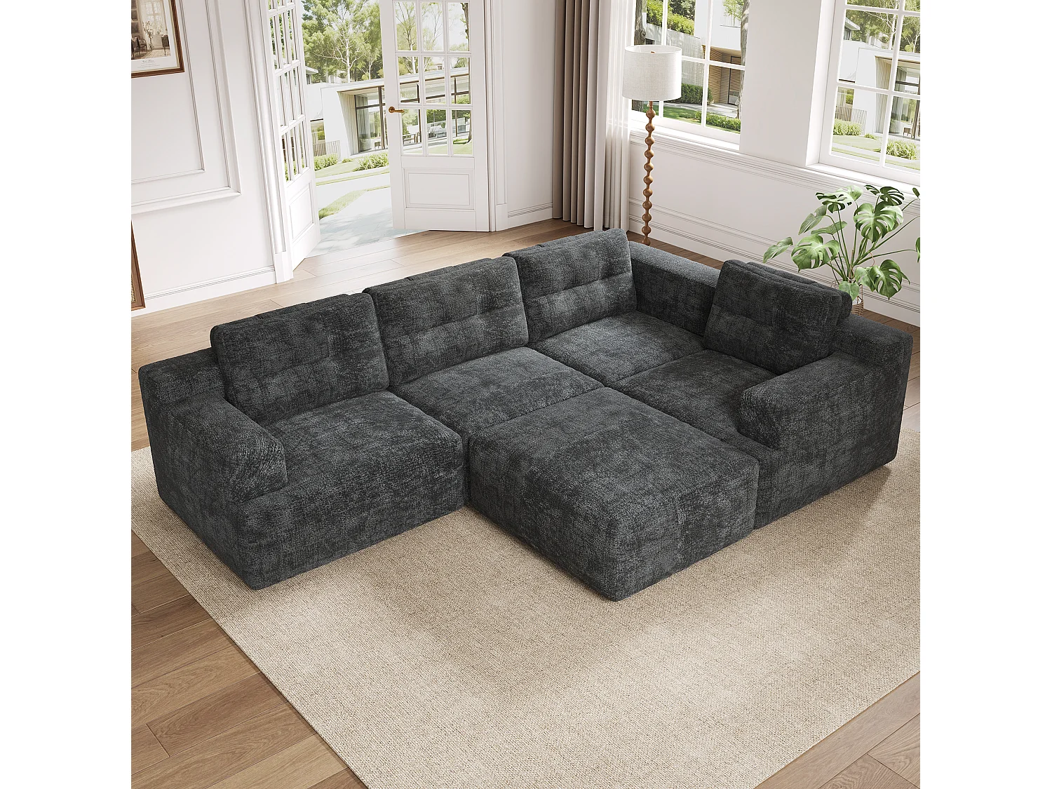 Canapé 5 places en velours chenille gris 252x180x82 cm