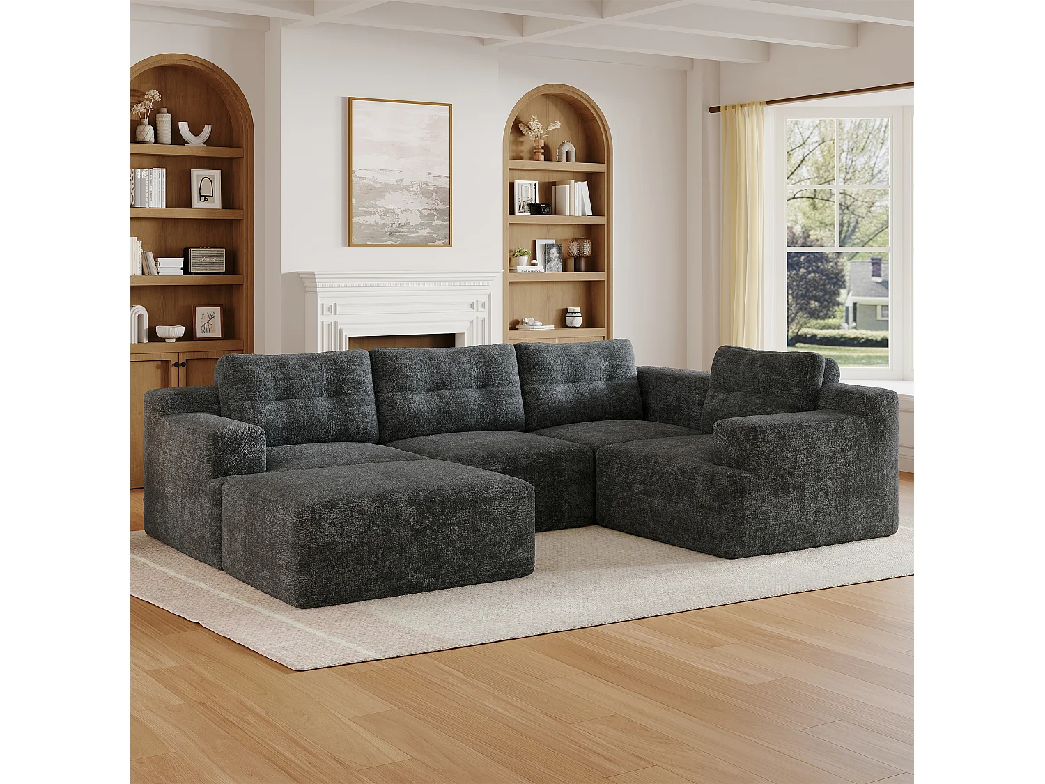 Canapé 5 places en velours chenille gris 252x180x82 cm