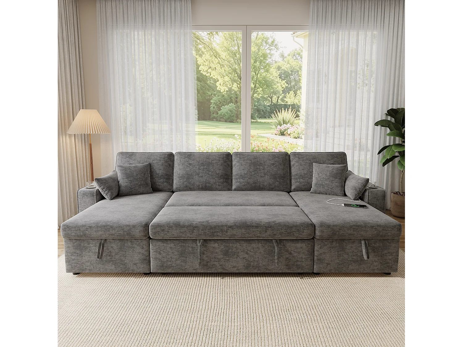 Canapé d'angle convertible 4 places avec rangement en velours chenille gris