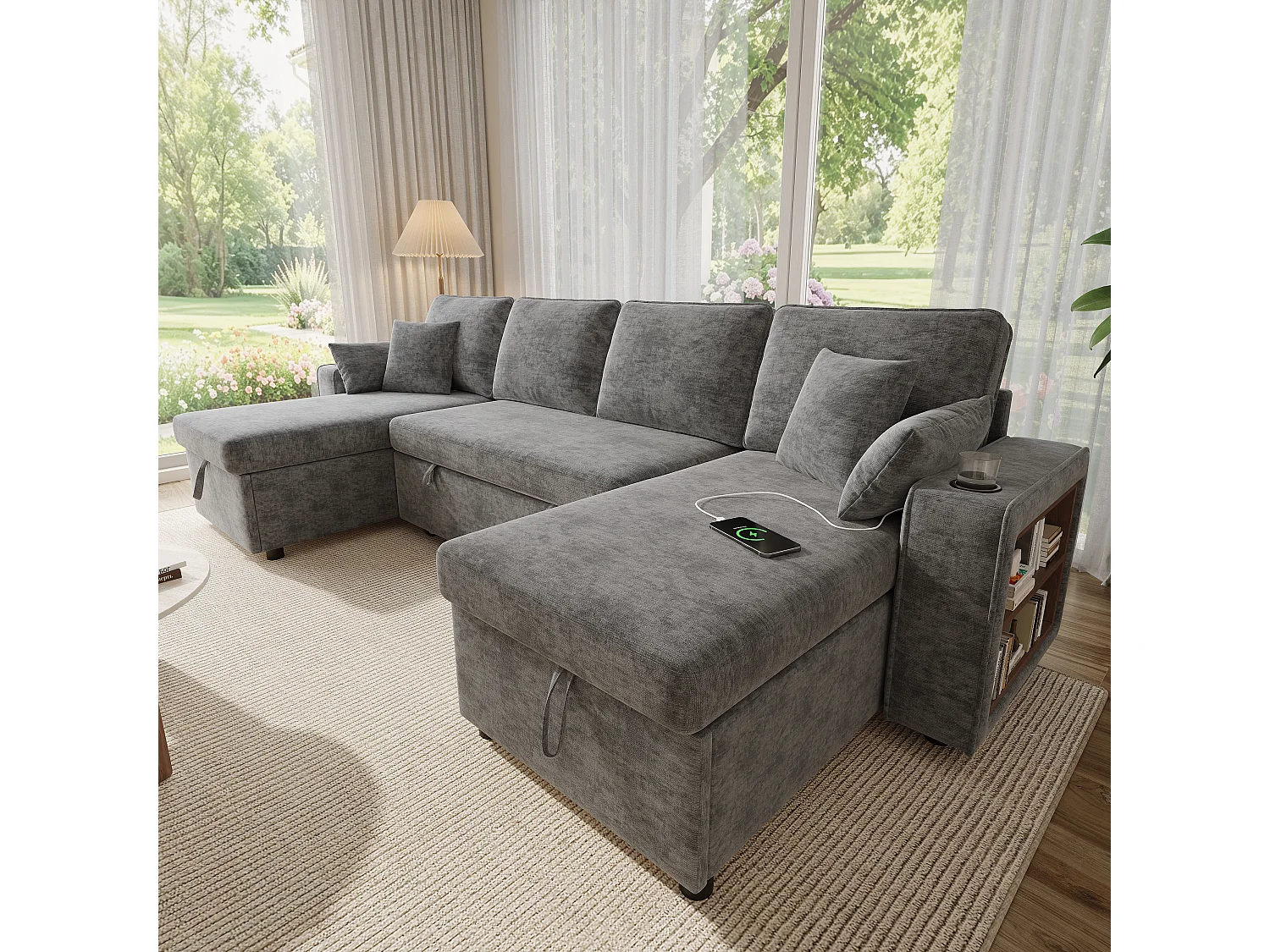 Canapé d'angle convertible 4 places avec rangement en velours chenille gris