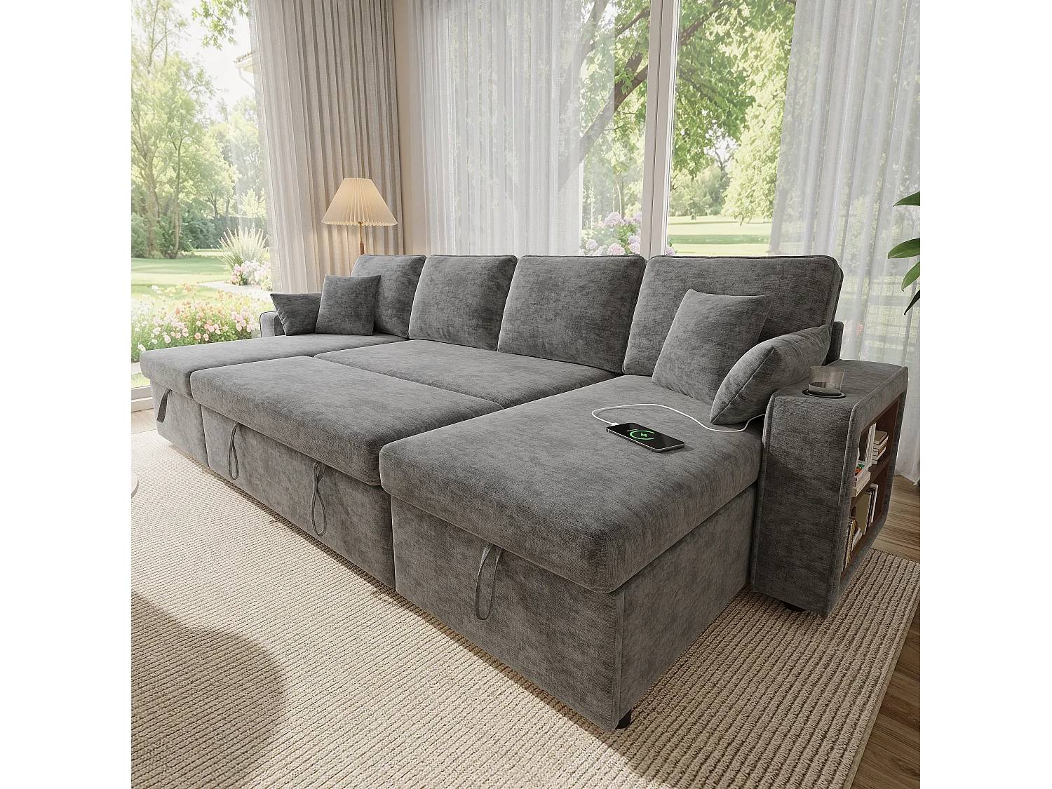 Canapé d'angle convertible 4 places avec rangement en velours chenille gris
