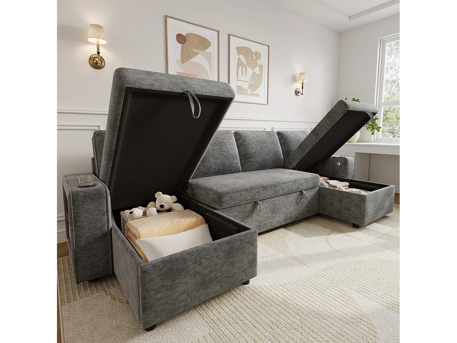 Canapé d'angle convertible 4 places avec rangement en velours chenille gris