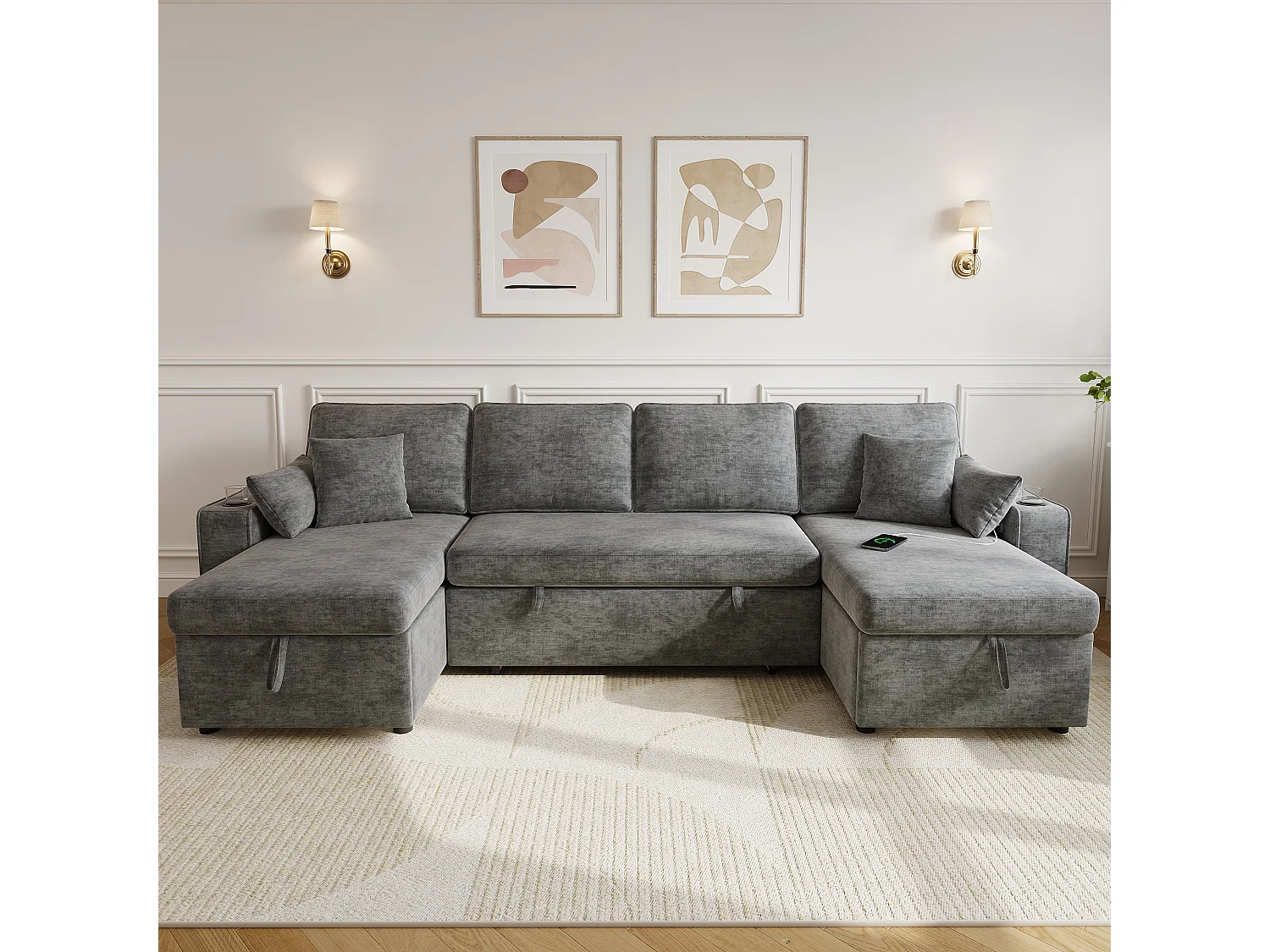 Canapé d'angle convertible 4 places avec rangement en velours chenille gris