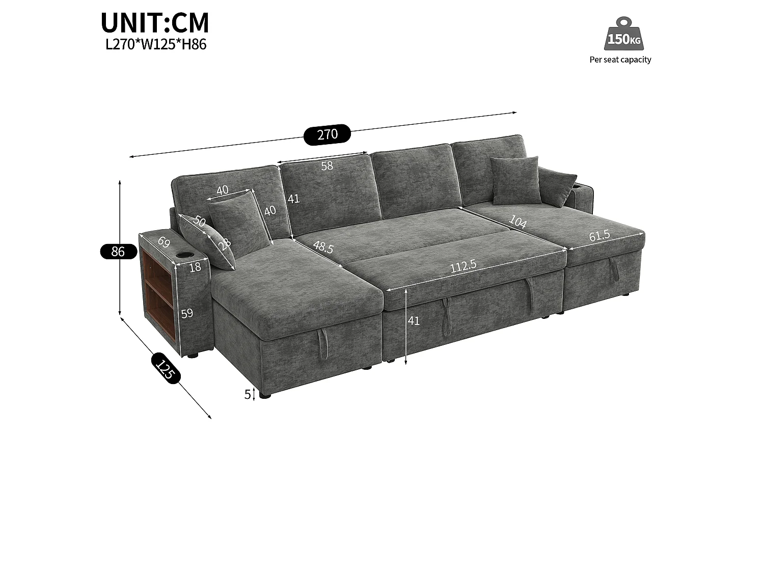 Canapé d'angle convertible 4 places avec rangement en velours chenille gris
