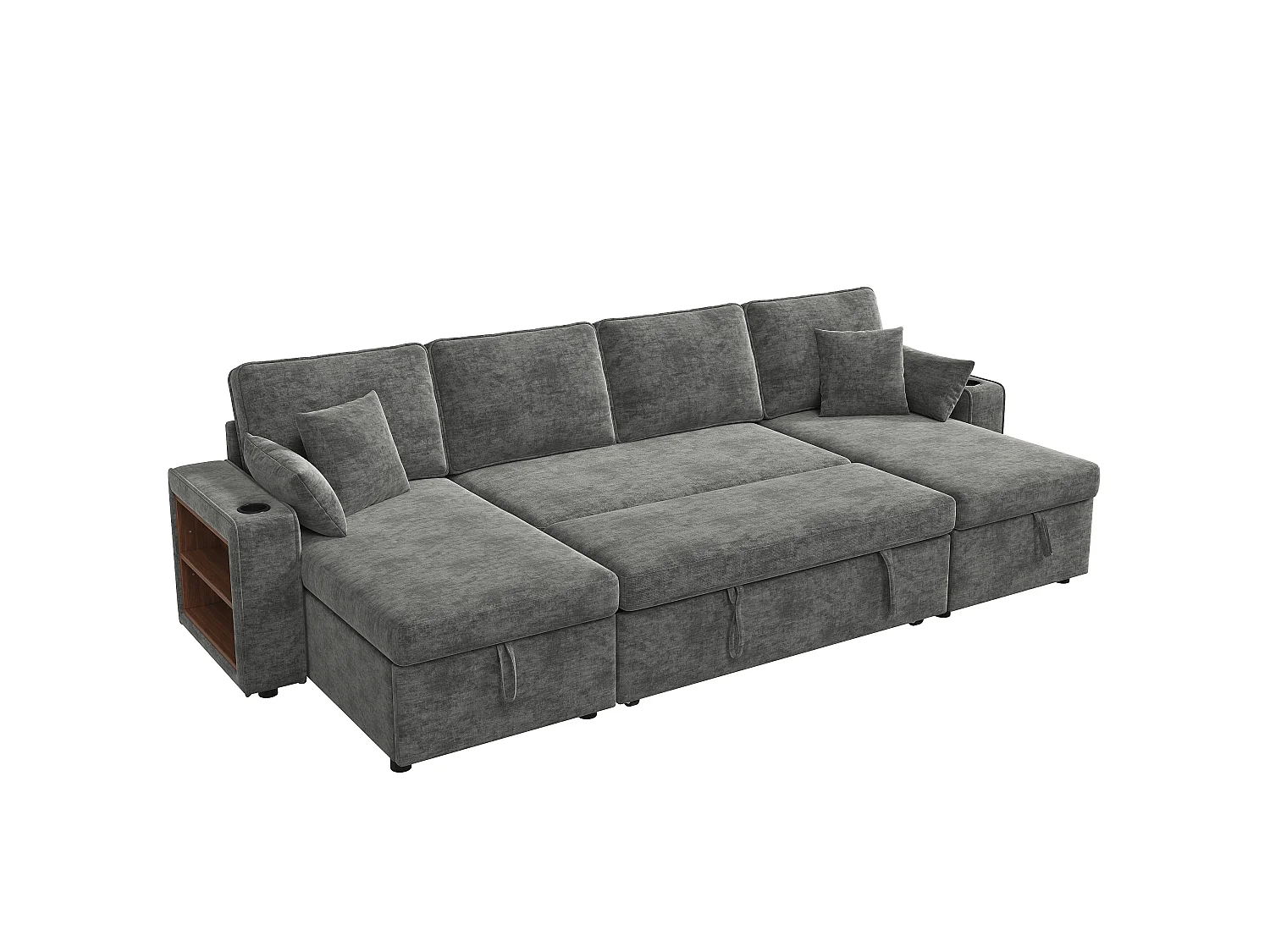 Canapé d'angle convertible 4 places avec rangement en velours chenille gris