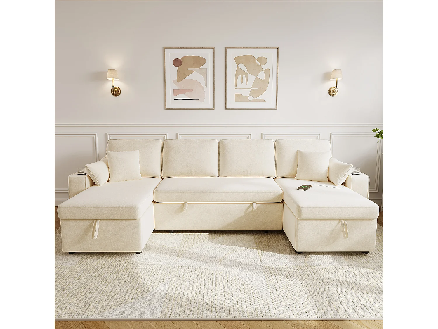 Canapé d'angle convertible 4 places avec rangement en velours chenille beige
