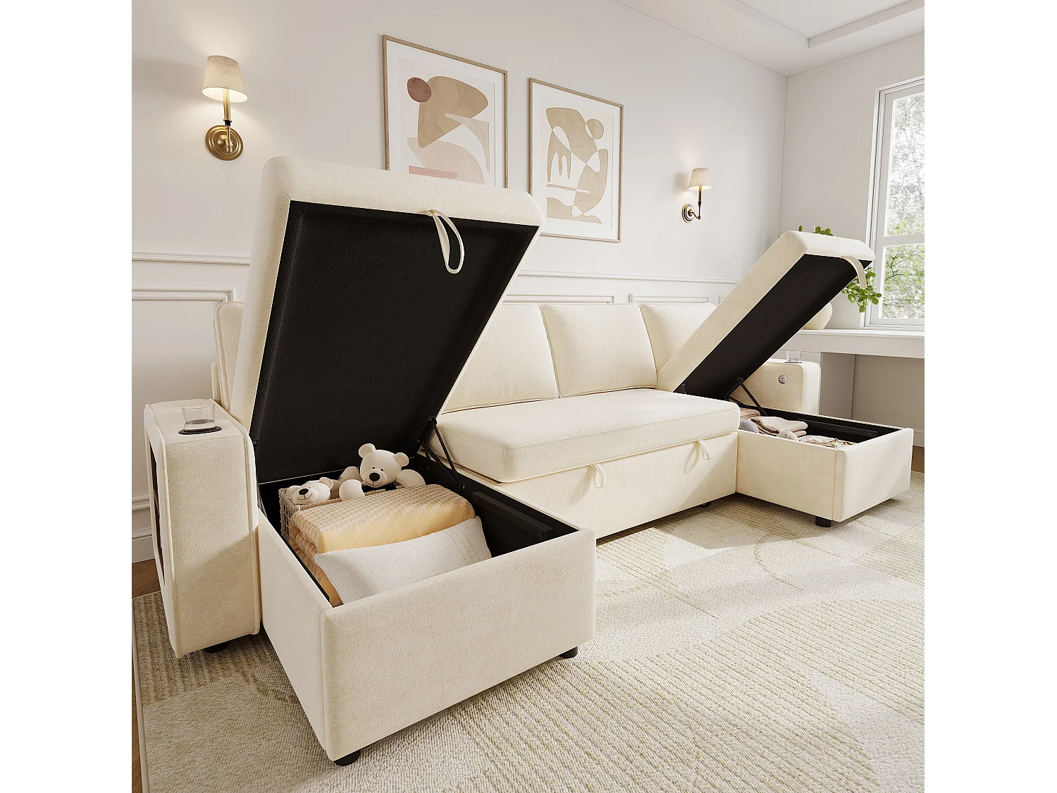 Canapé d'angle convertible 4 places avec rangement en velours chenille beige