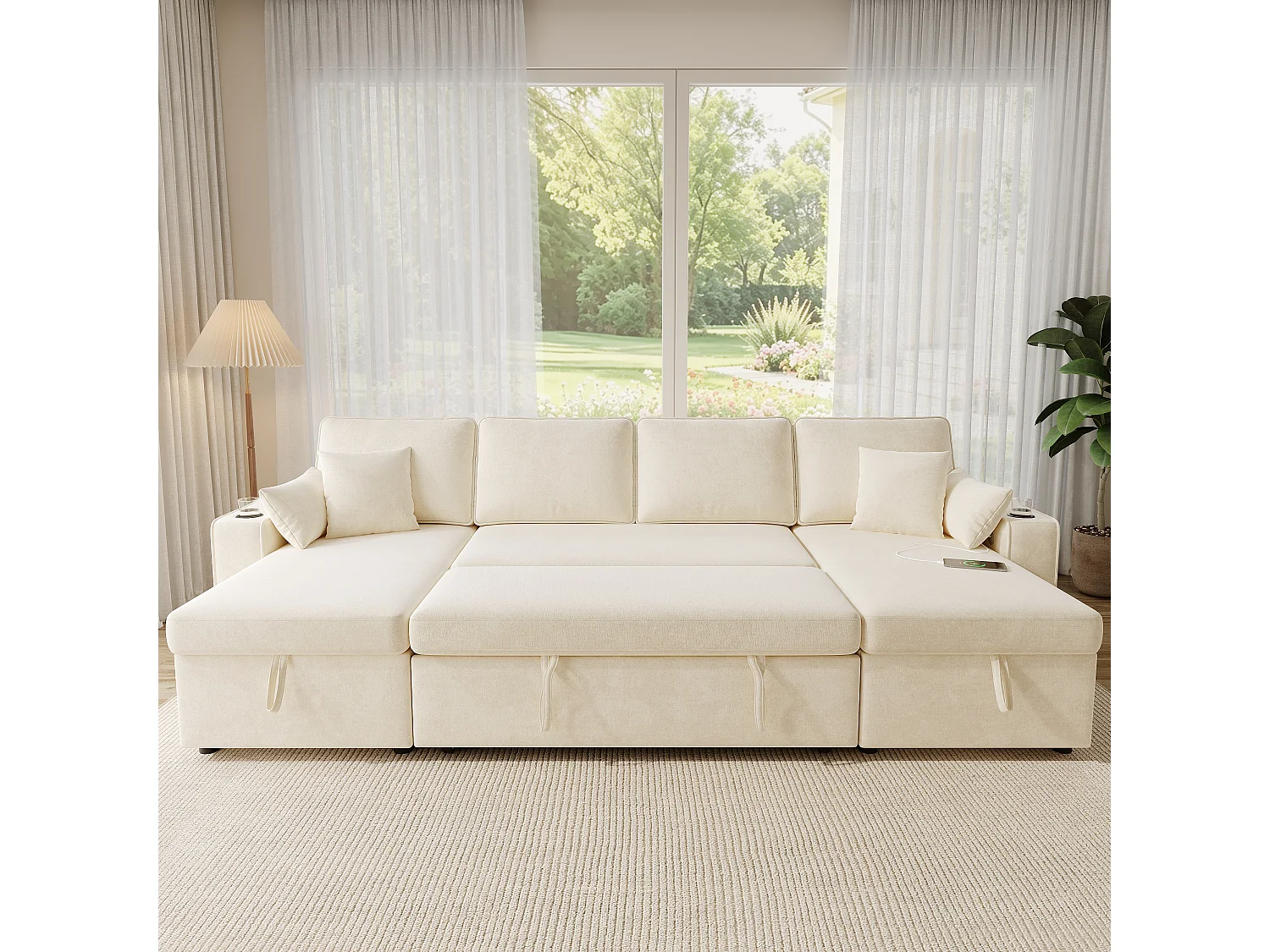 Canapé d'angle convertible 4 places avec rangement en velours chenille beige
