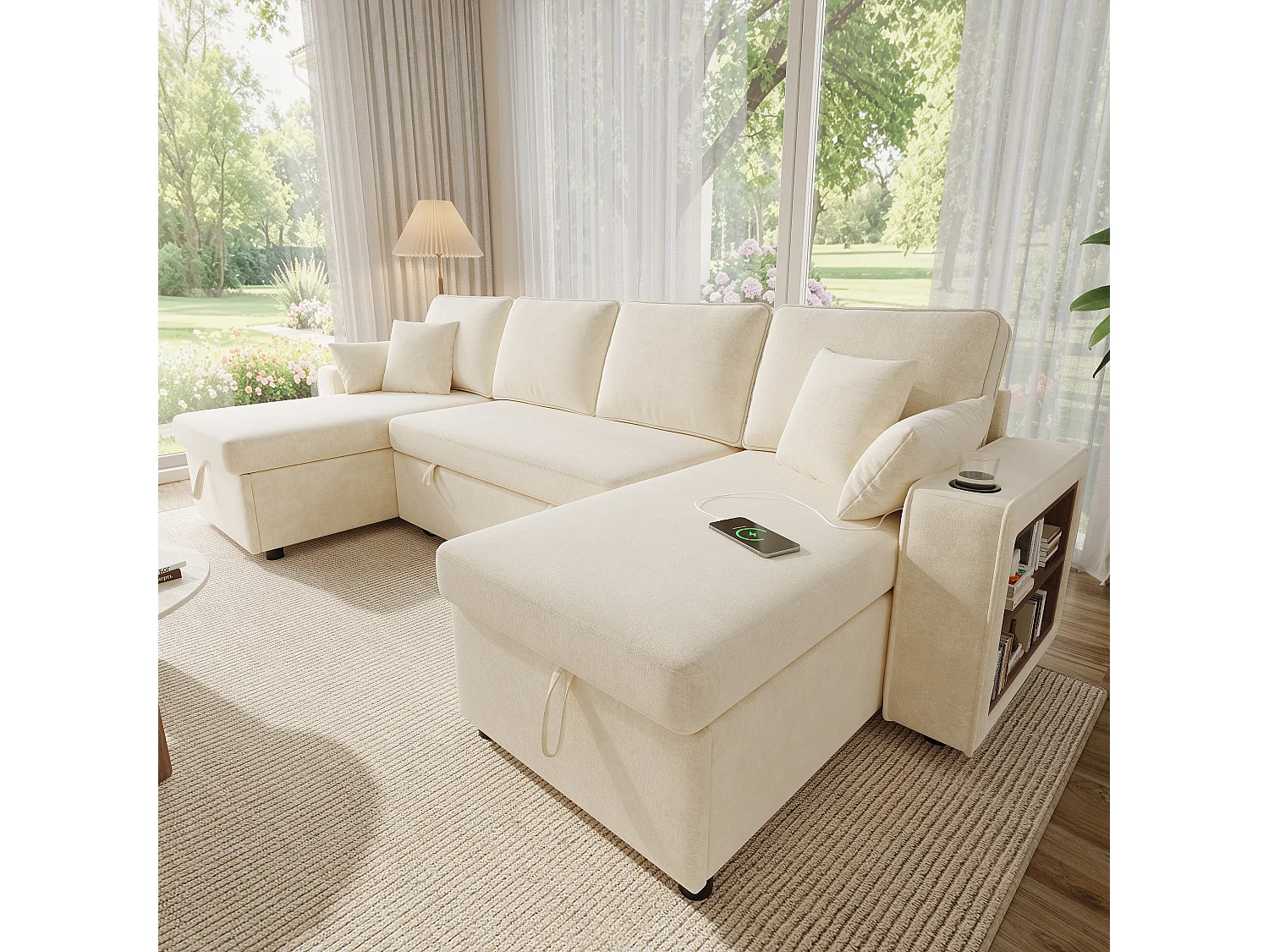 Canapé d'angle convertible 4 places avec rangement en velours chenille beige