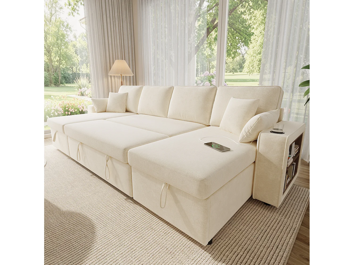 Canapé d'angle convertible 4 places avec rangement en velours chenille beige