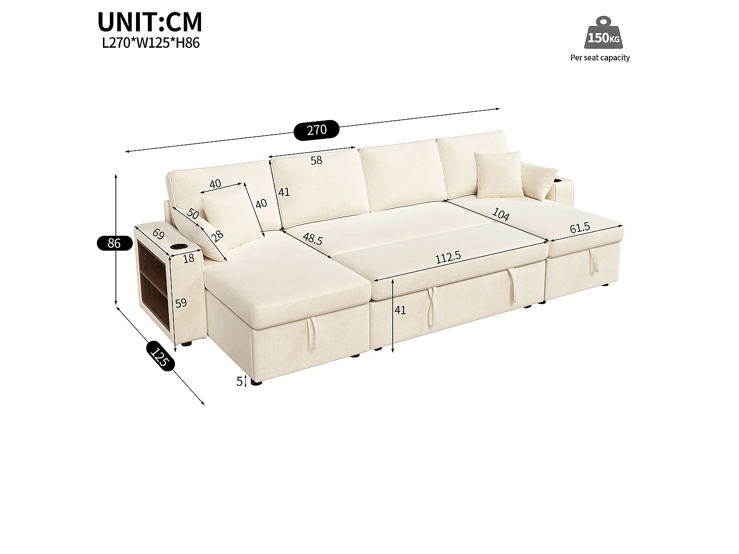 Canapé d'angle convertible 4 places avec rangement en velours chenille beige