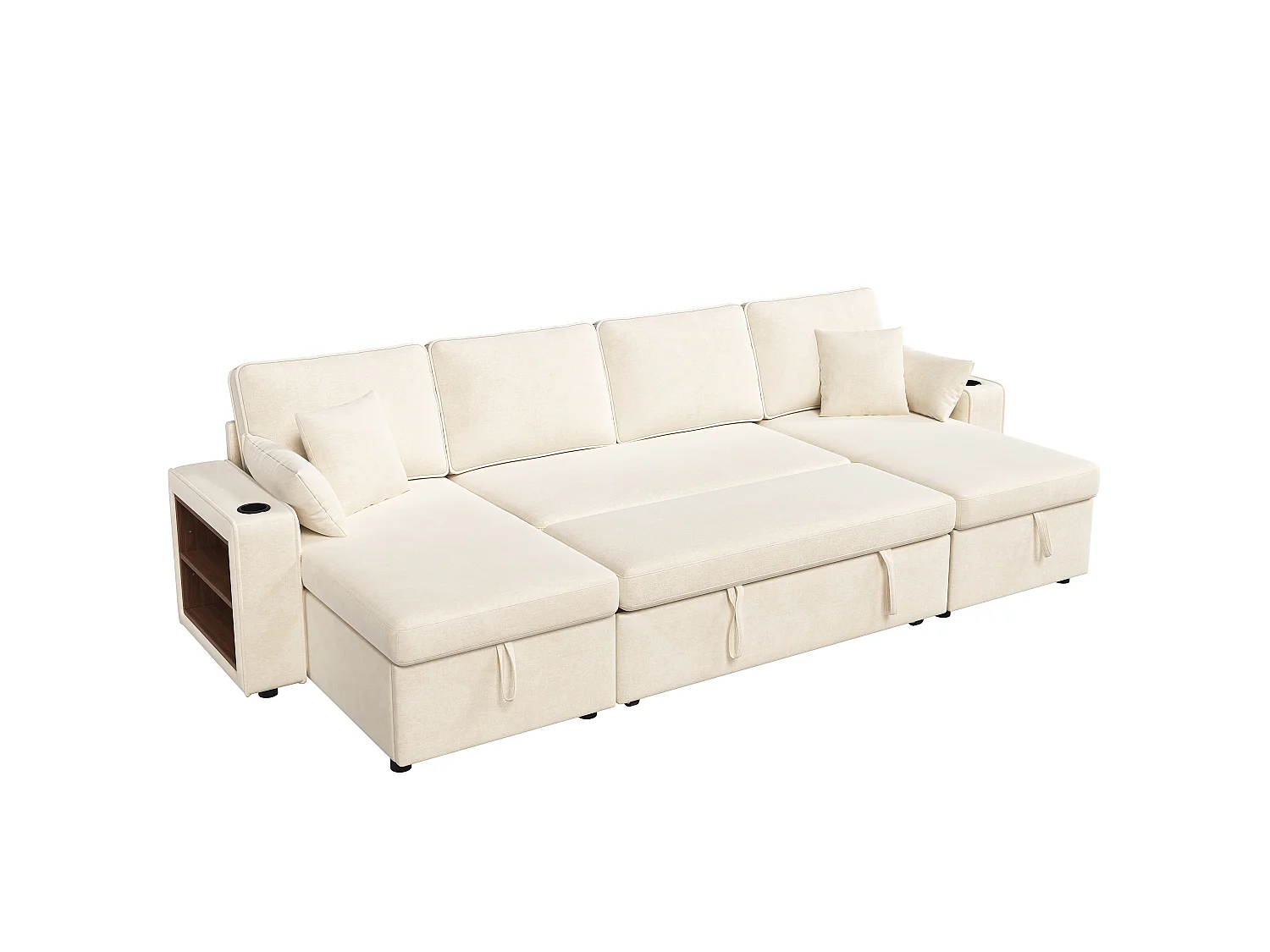 Canapé d'angle convertible 4 places avec rangement en velours chenille beige