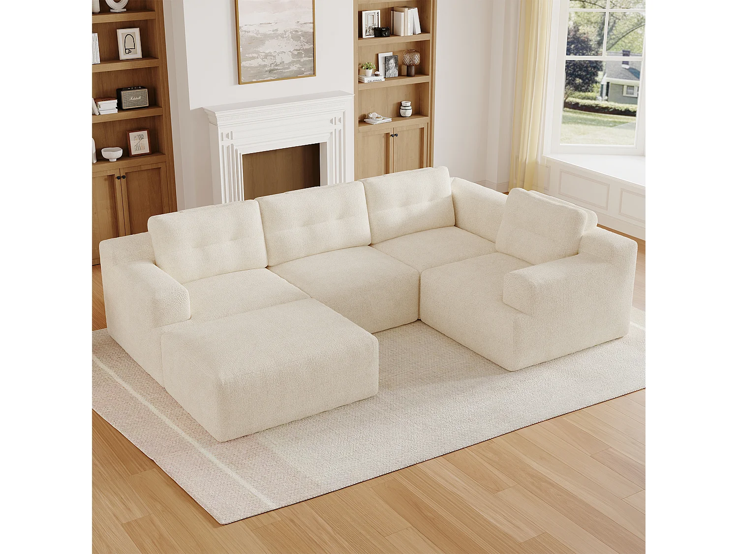 Canapé 5 places en velours chenille beige 252x180x82 cm