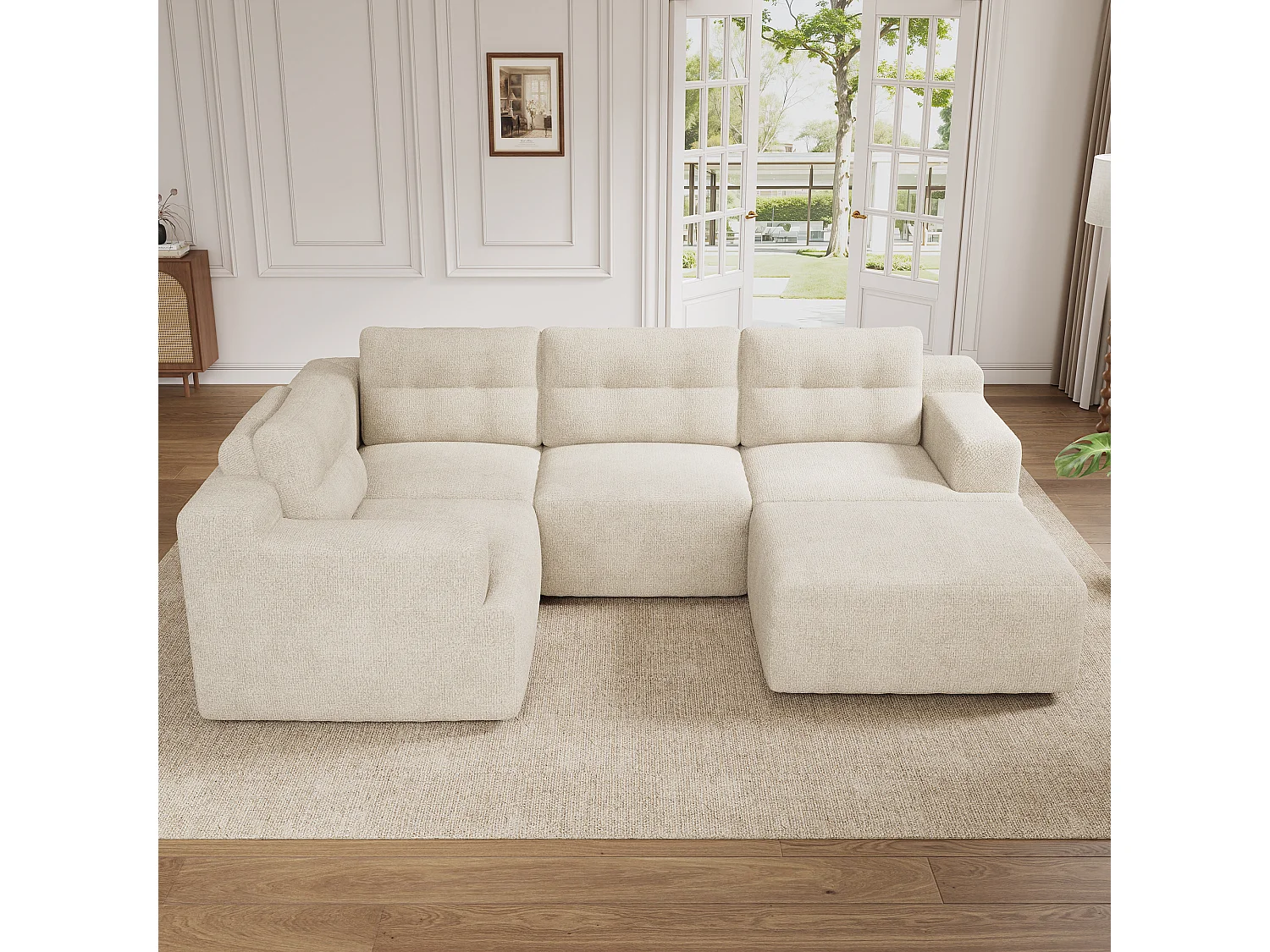 Canapé 5 places en velours chenille beige 252x180x82 cm