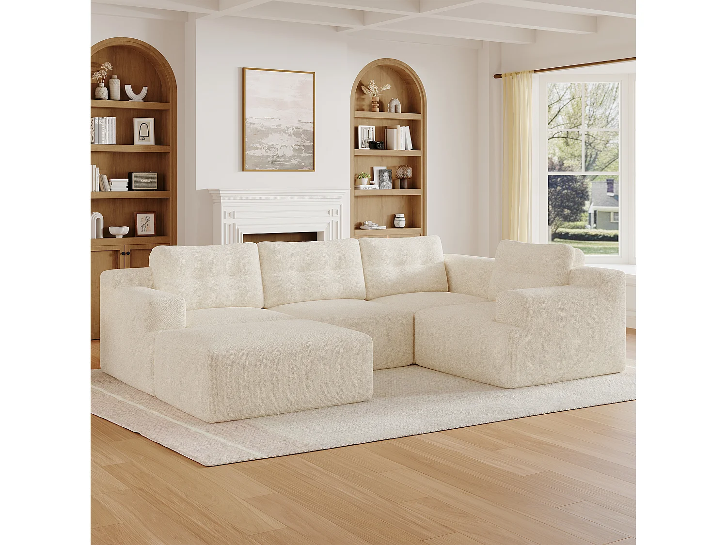 Canapé 5 places en velours chenille beige 252x180x82 cm