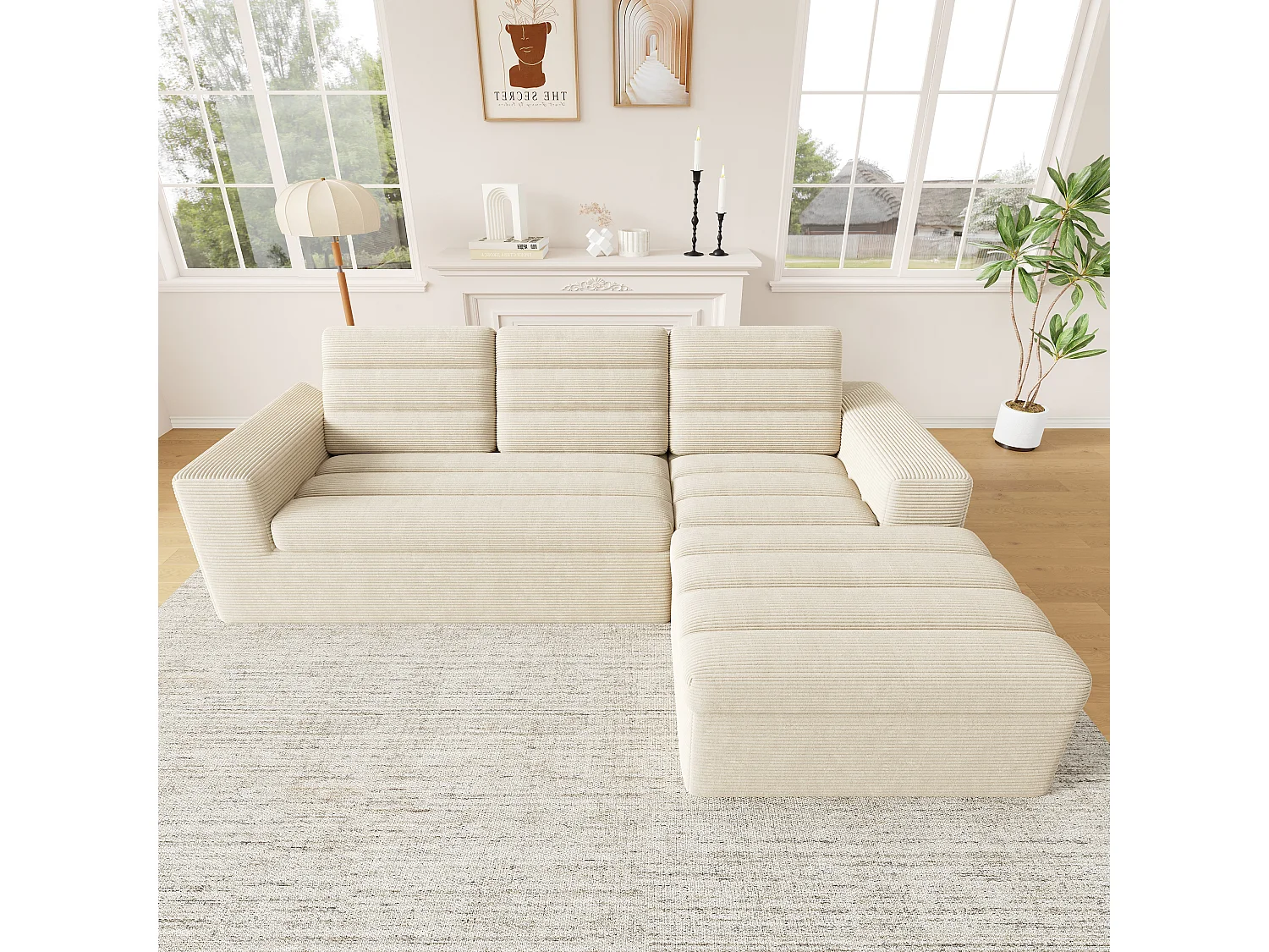 Canapé 4 places en velours beige 253x161x89 cm