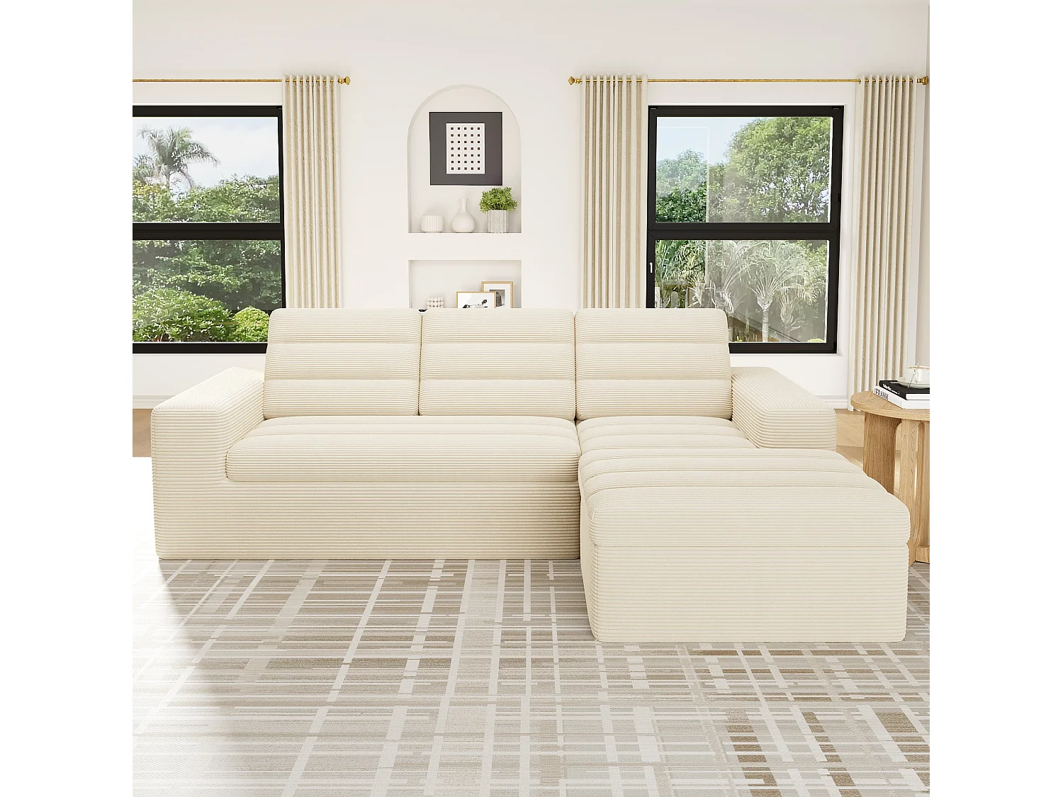Canapé 4 places en velours beige 253x161x89 cm