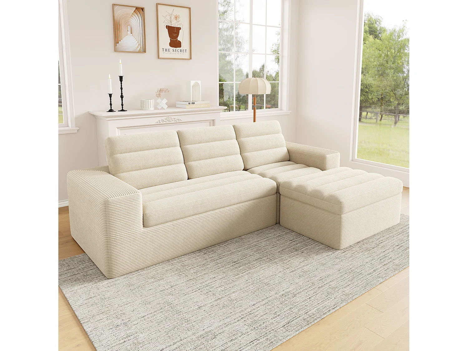 Canapé 4 places en velours beige 253x161x89 cm