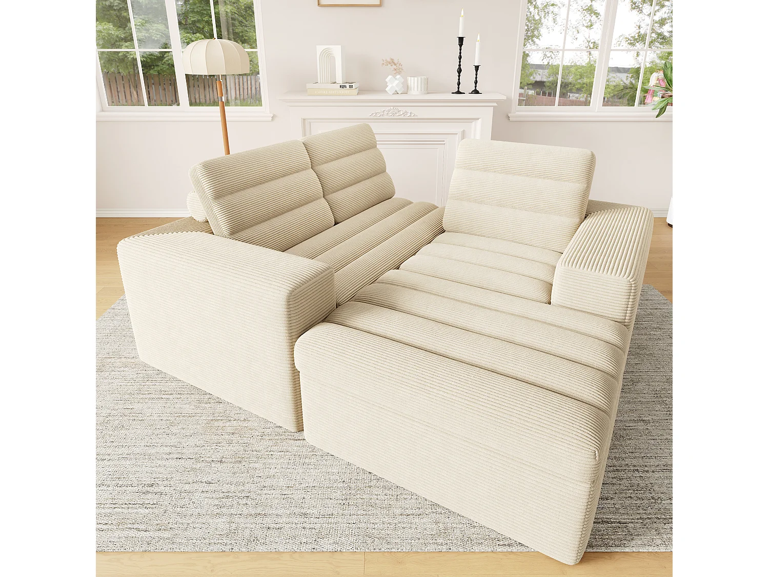 Canapé 4 places en velours beige 253x161x89 cm