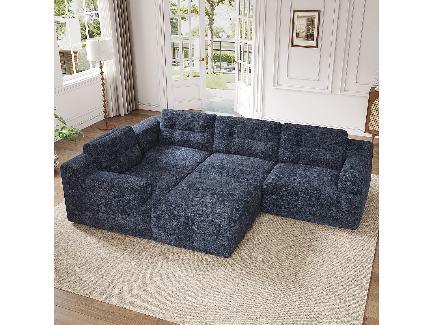 Canapé 5 places en velours chenille bleu 252x180x82 cm