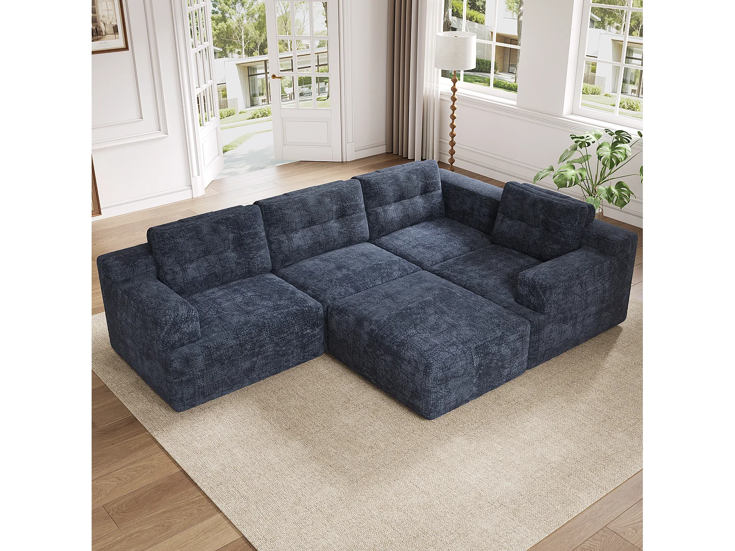 Canapé 5 places en velours chenille bleu 252x180x82 cm
