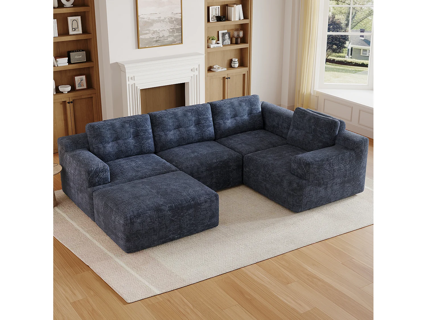 Canapé 5 places en velours chenille bleu 252x180x82 cm
