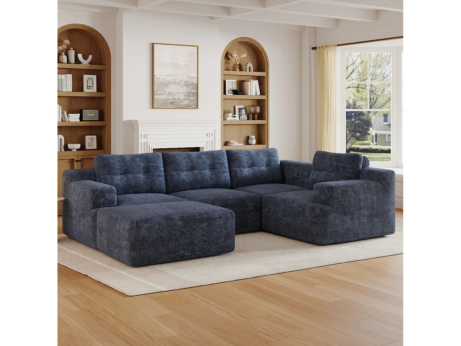 Canapé 5 places en velours chenille bleu 252x180x82 cm