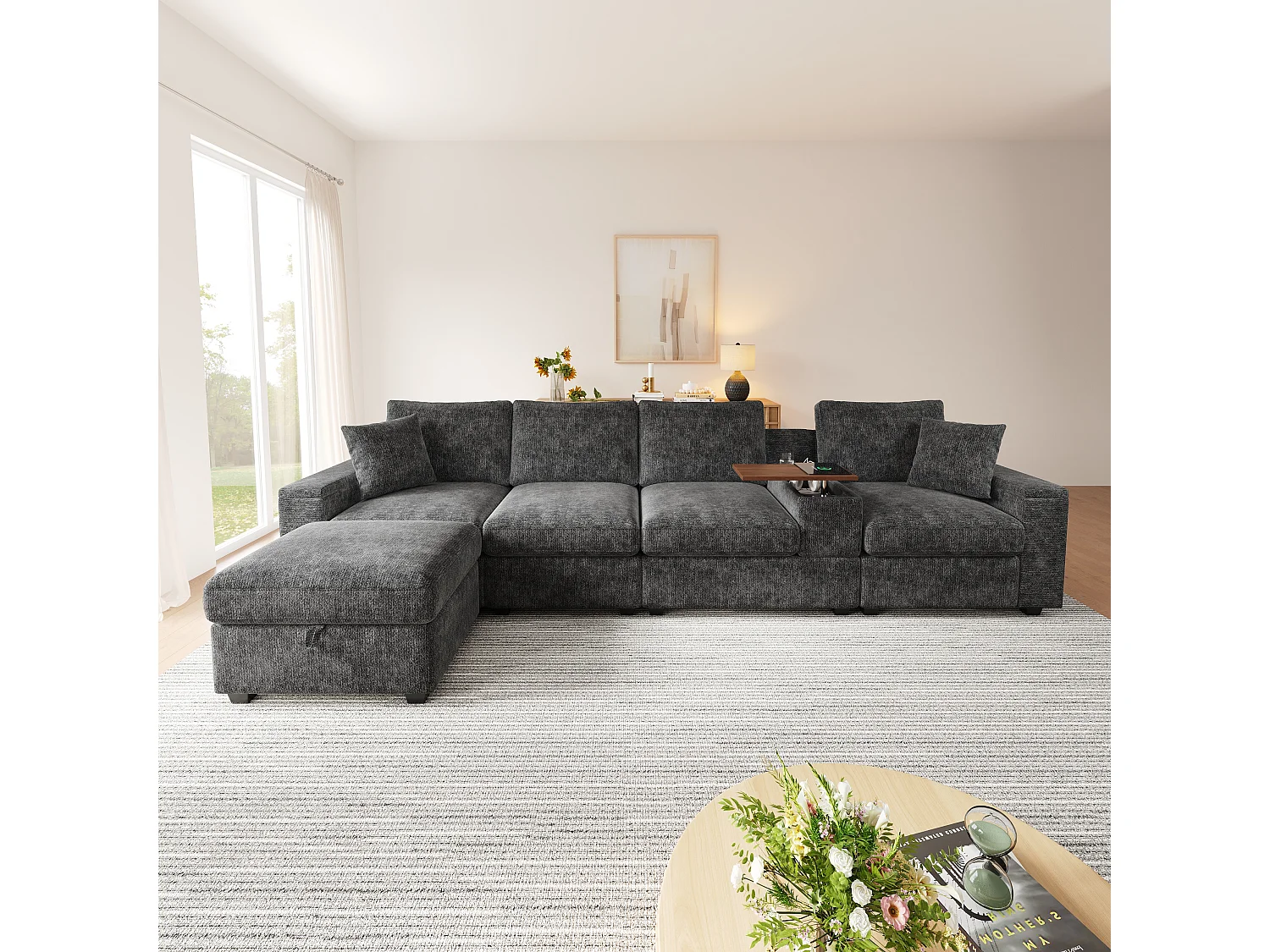 Ensemble canapé 4 places - 313 x 147 x 82 cm - avec USB + 2 accoudoirs de rangement + Pouf + table basse - chenille - gris