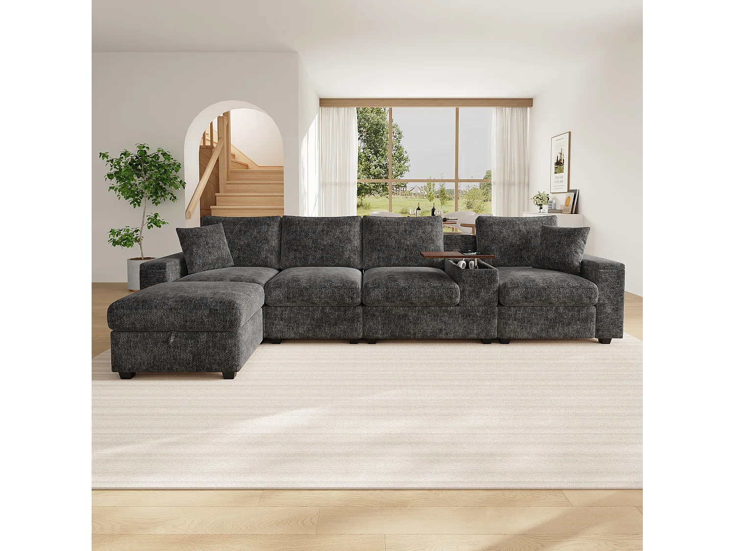 Ensemble canapé 4 places - 313 x 147 x 82 cm - avec USB + 2 accoudoirs de rangement + Pouf + table basse - chenille - gris