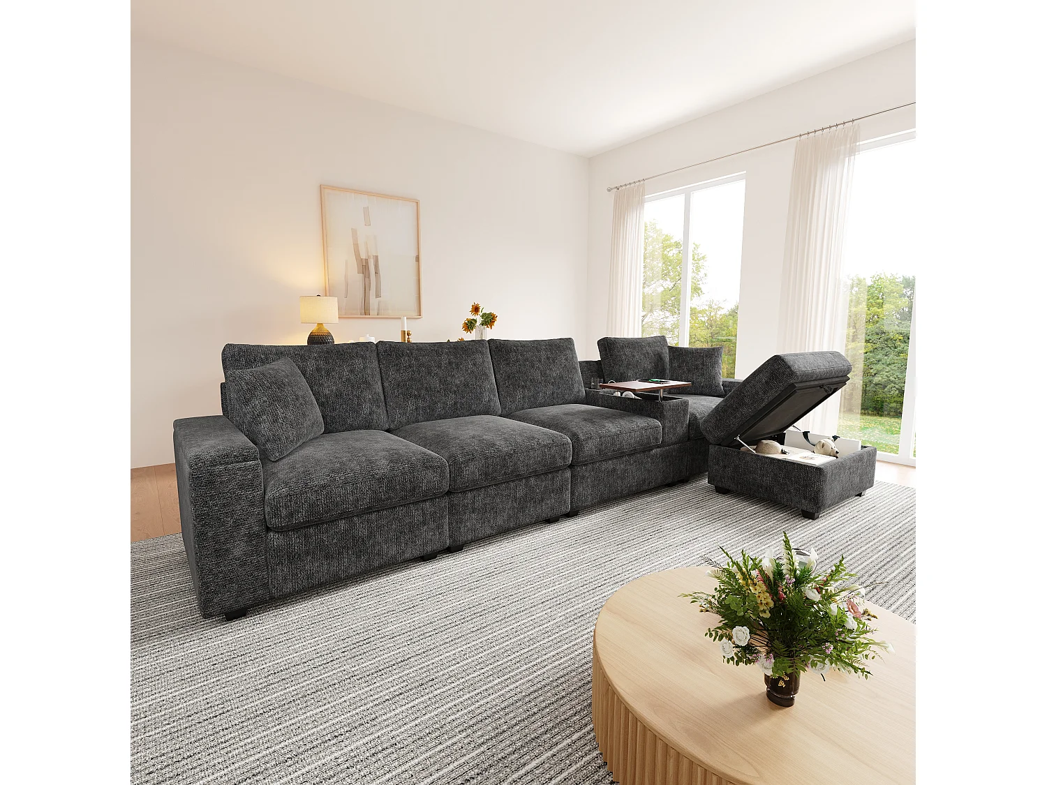 Ensemble canapé 4 places - 313 x 147 x 82 cm - avec USB + 2 accoudoirs de rangement + Pouf + table basse - chenille - gris