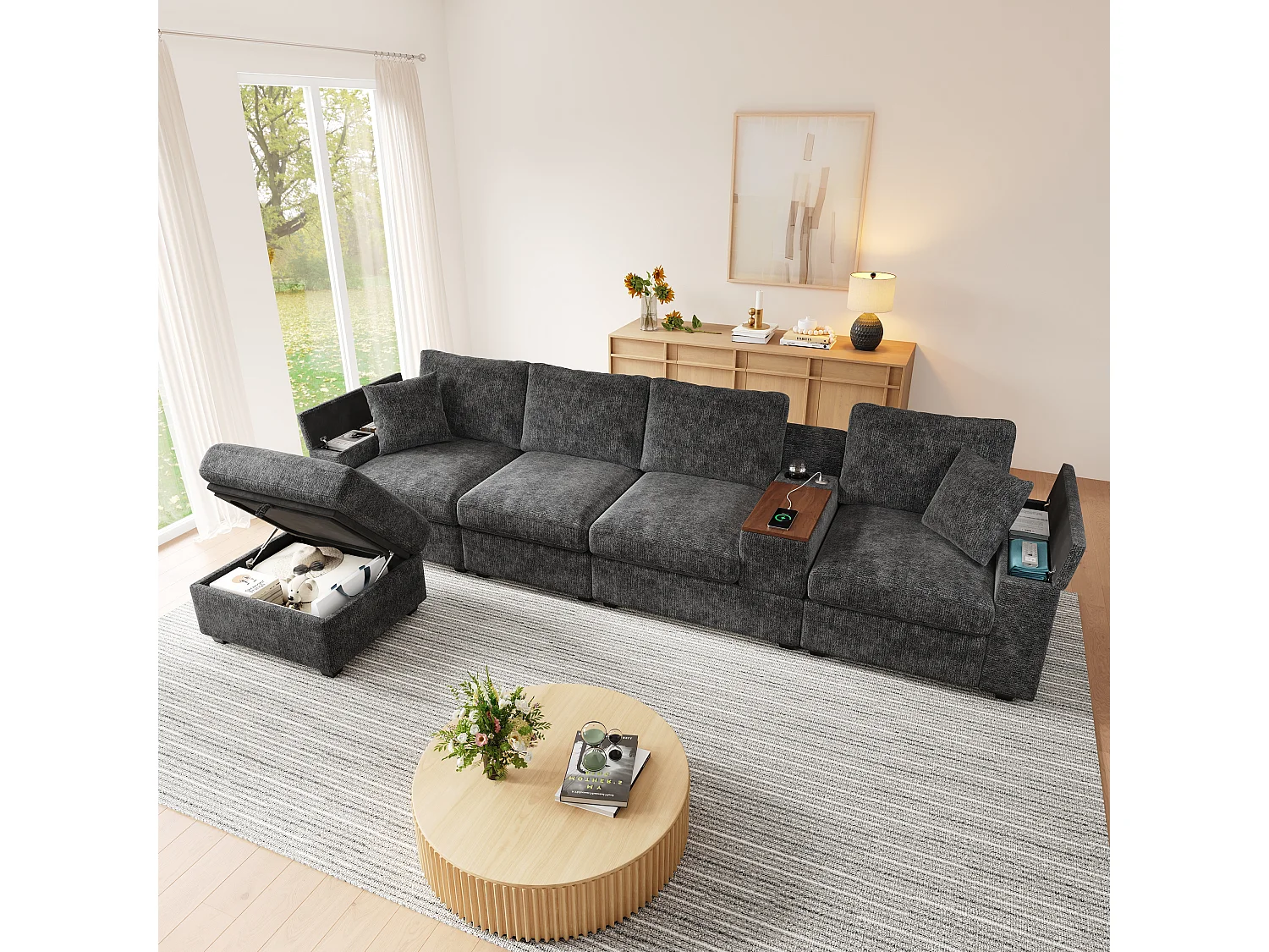 Ensemble canapé 4 places - 313 x 147 x 82 cm - avec USB + 2 accoudoirs de rangement + Pouf + table basse - chenille - gris