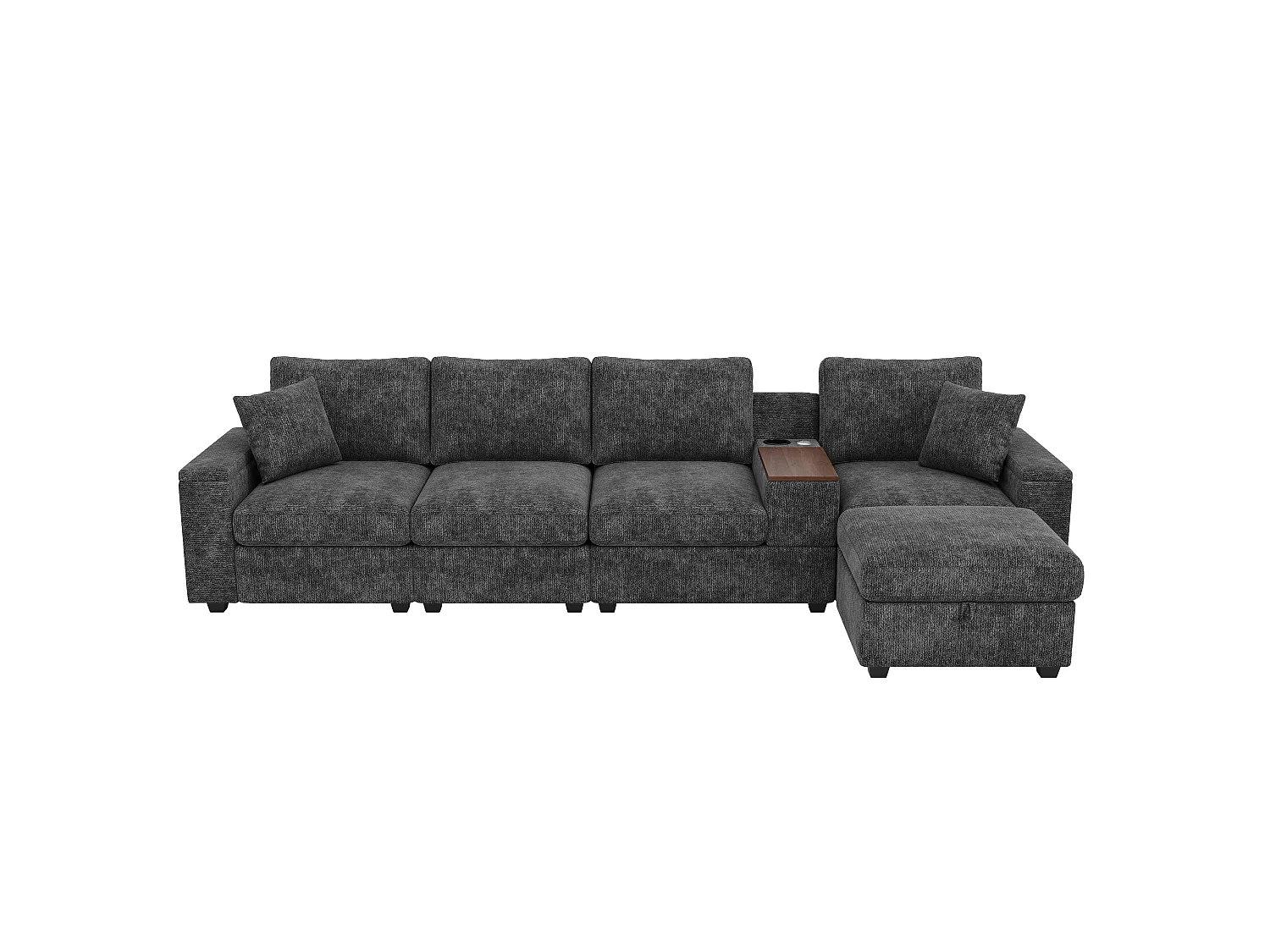 Ensemble canapé 4 places - 313 x 147 x 82 cm - avec USB + 2 accoudoirs de rangement + Pouf + table basse - chenille - gris