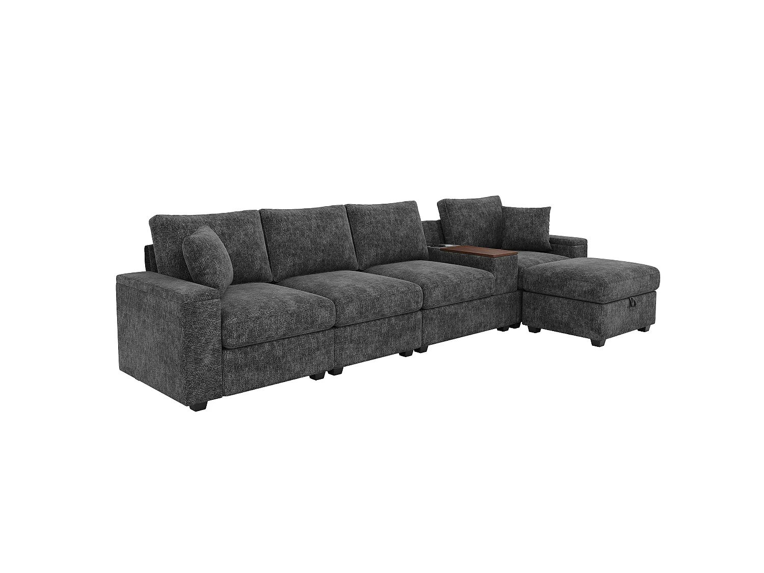 Ensemble canapé 4 places - 313 x 147 x 82 cm - avec USB + 2 accoudoirs de rangement + Pouf + table basse - chenille - gris