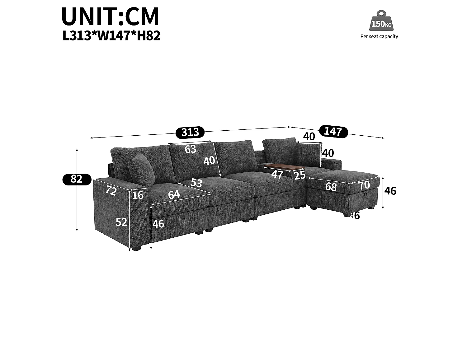 Ensemble canapé 4 places - 313 x 147 x 82 cm - avec USB + 2 accoudoirs de rangement + Pouf + table basse - chenille - gris