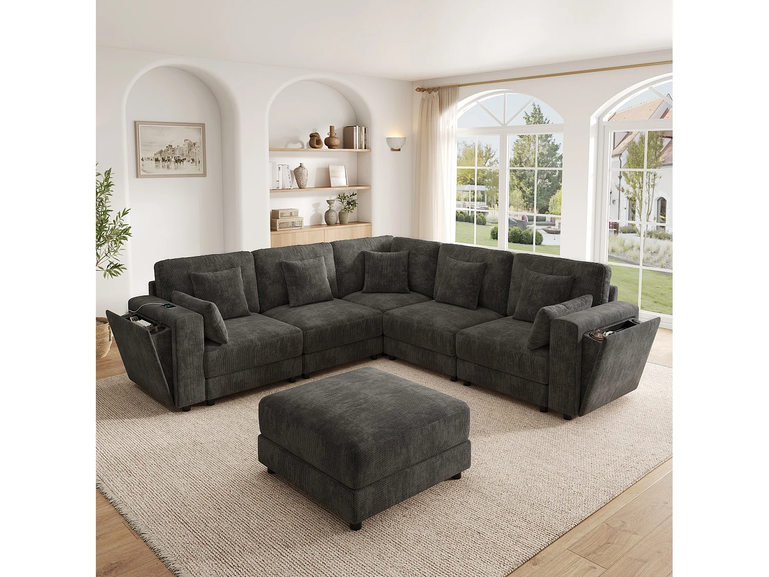 Ensemble canapé d'angle 6 places - 215 x 215 x 82 cm - avec USB + 2 accoudoirs de rangement + Pouf et coussins - chenille - gris