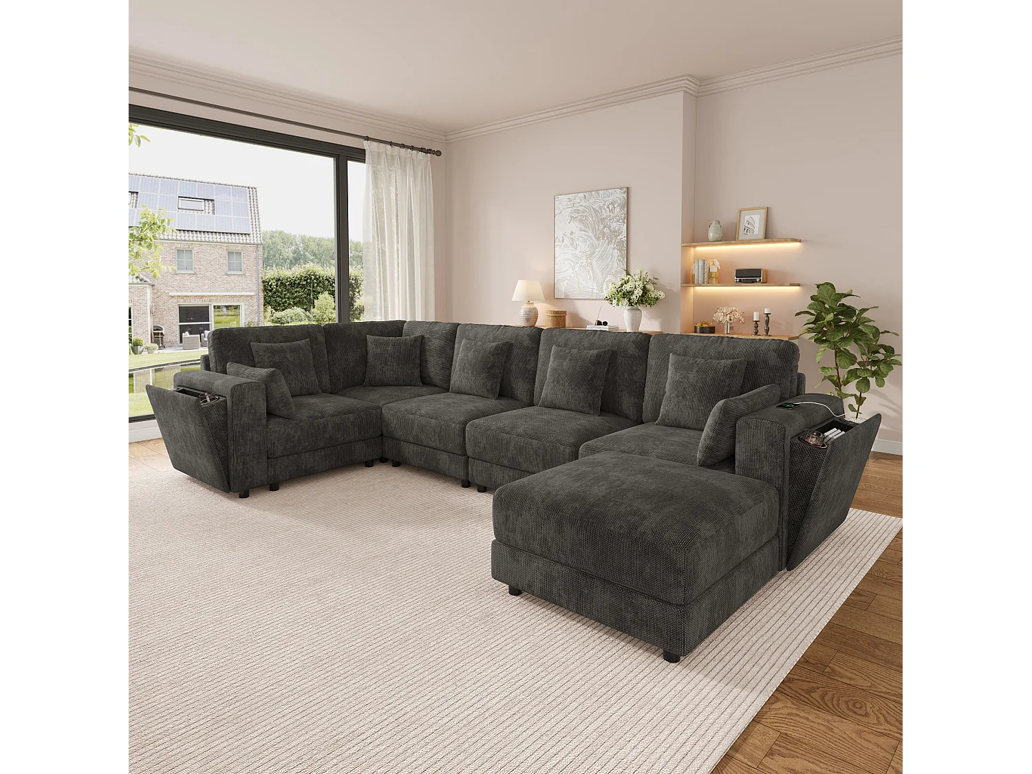 Ensemble canapé d'angle 6 places - 215 x 215 x 82 cm - avec USB + 2 accoudoirs de rangement + Pouf et coussins - chenille - gris
