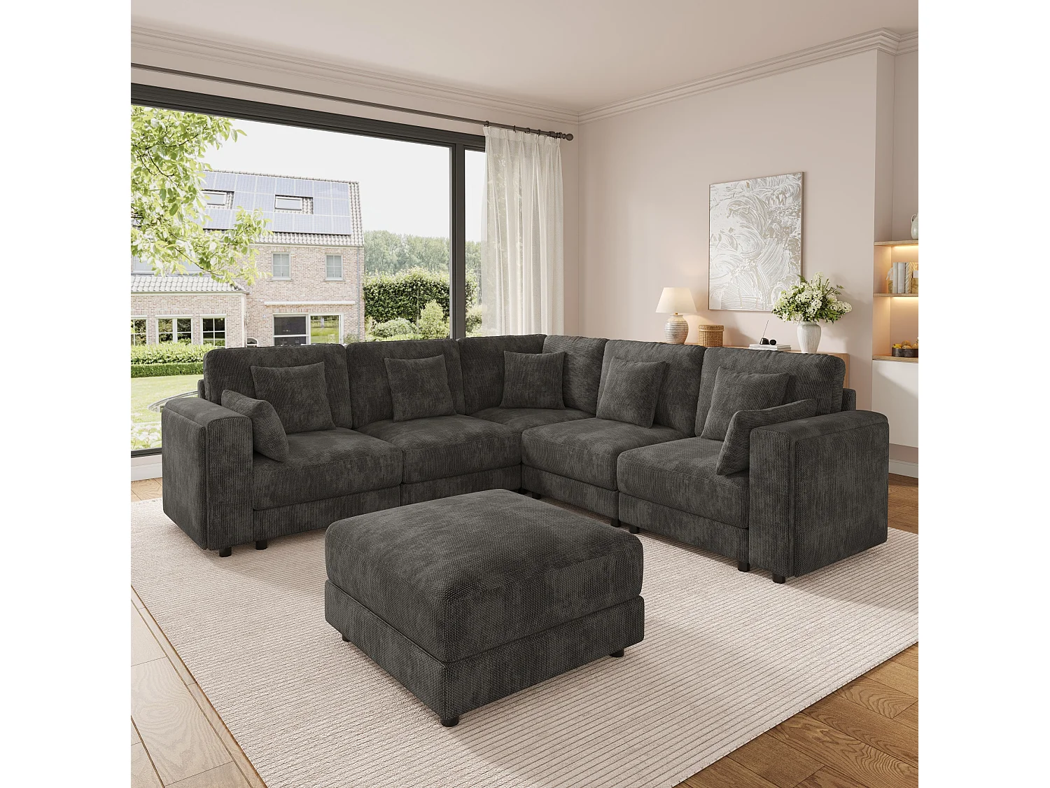 Ensemble canapé d'angle 6 places - 215 x 215 x 82 cm - avec USB + 2 accoudoirs de rangement + Pouf et coussins - chenille - gris