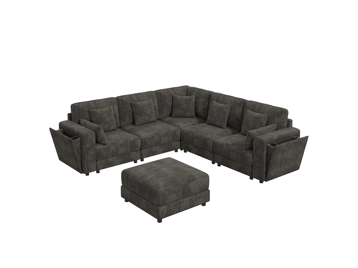 Ensemble canapé d'angle 6 places - 215 x 215 x 82 cm - avec USB + 2 accoudoirs de rangement + Pouf et coussins - chenille - gris