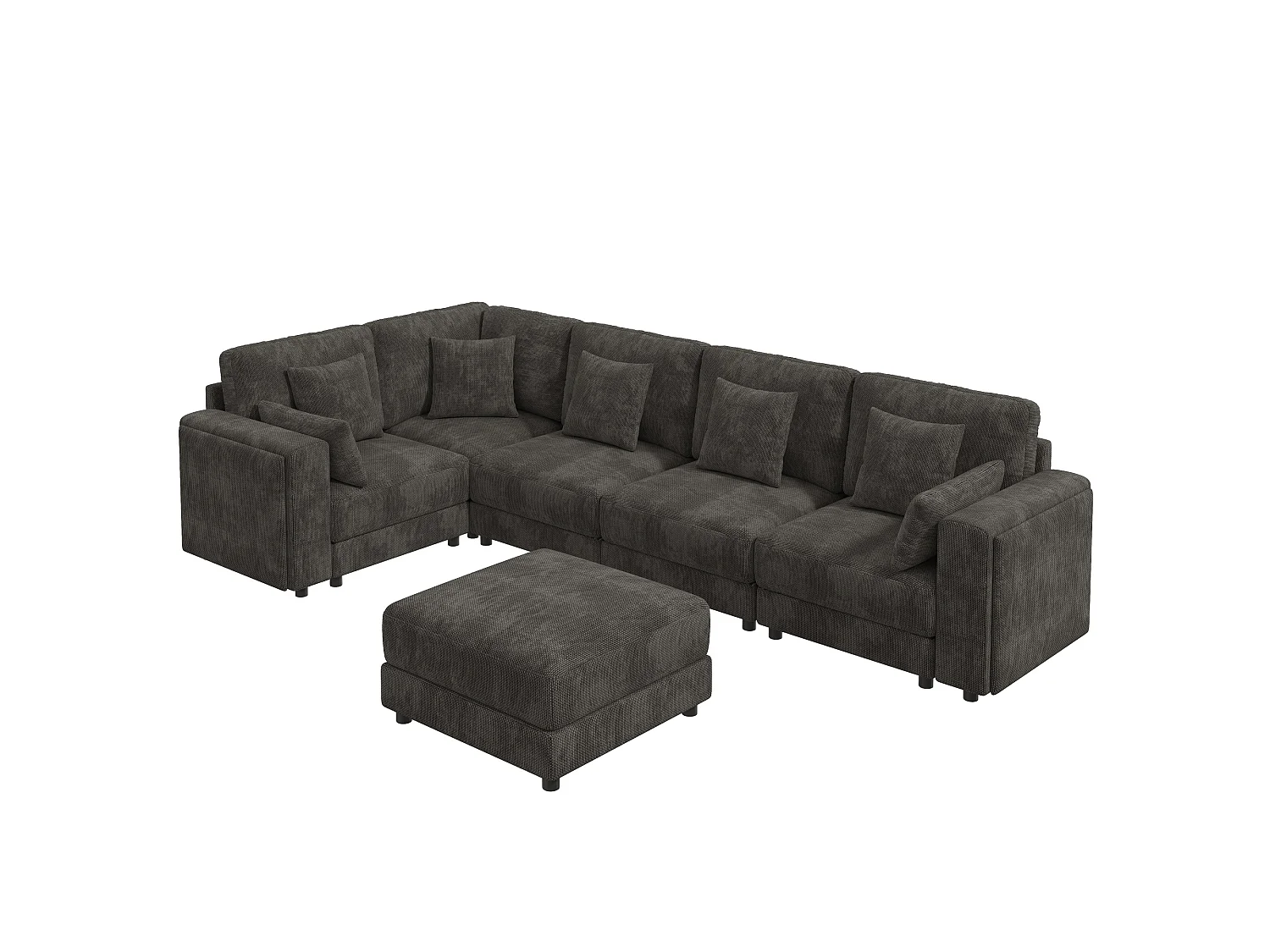 Ensemble canapé d'angle 6 places - 215 x 215 x 82 cm - avec USB + 2 accoudoirs de rangement + Pouf et coussins - chenille - gris