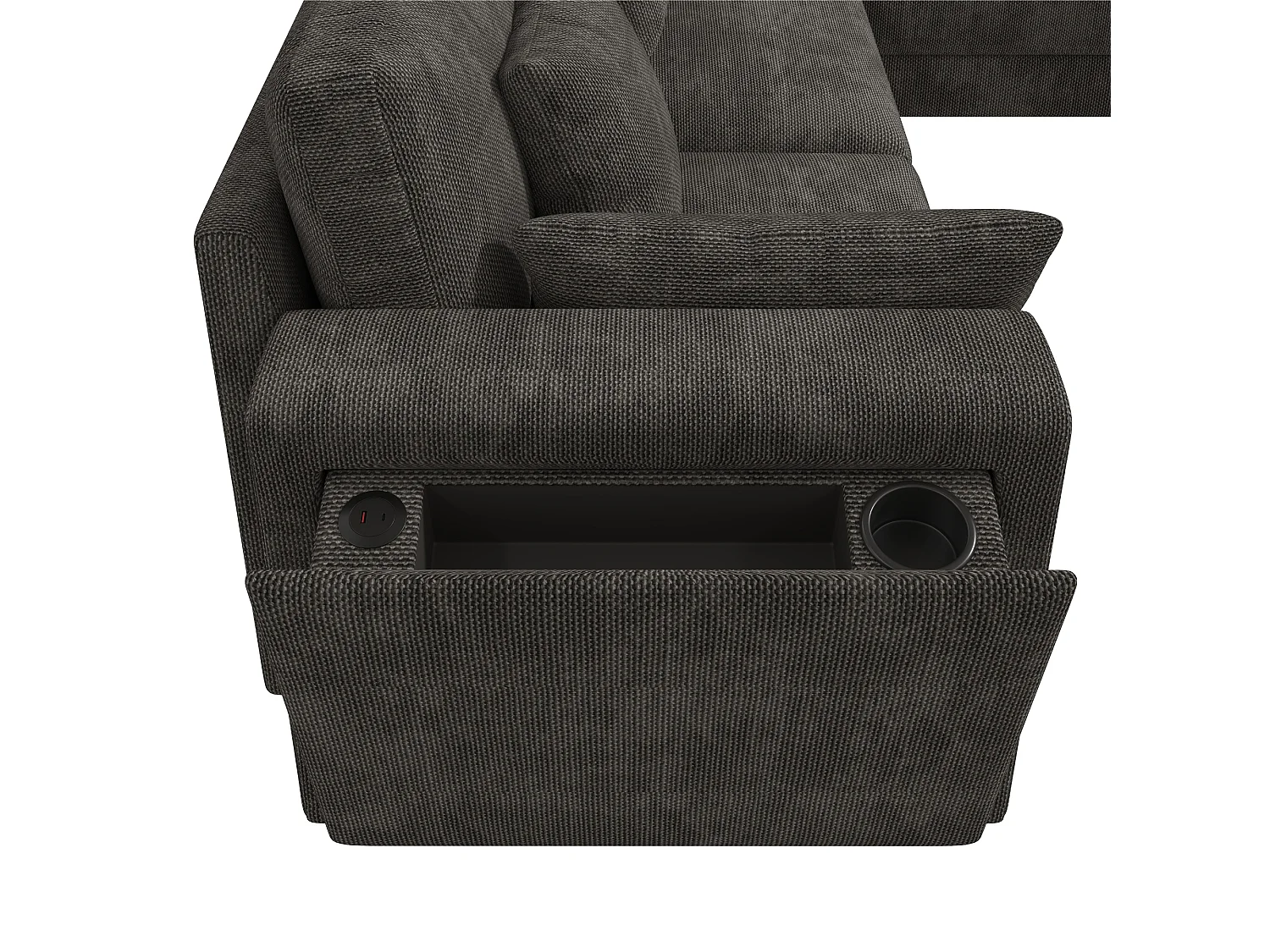 Ensemble canapé d'angle 6 places - 215 x 215 x 82 cm - avec USB + 2 accoudoirs de rangement + Pouf et coussins - chenille - gris