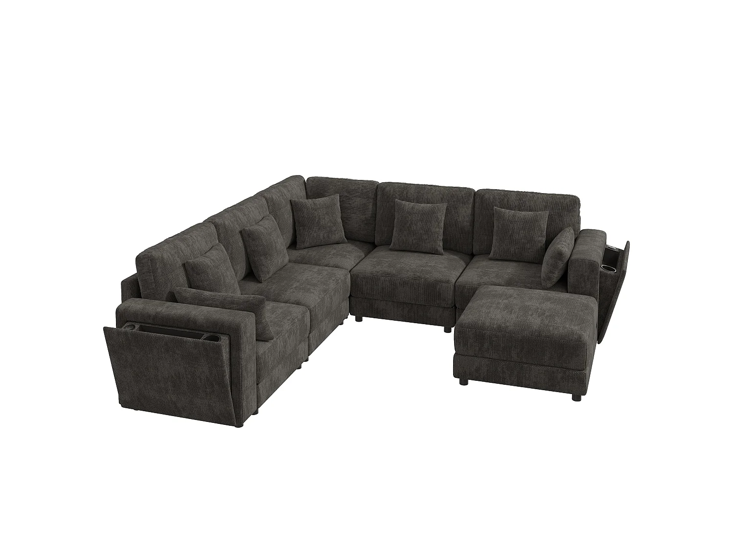 Ensemble canapé d'angle 6 places - 215 x 215 x 82 cm - avec USB + 2 accoudoirs de rangement + Pouf et coussins - chenille - gris