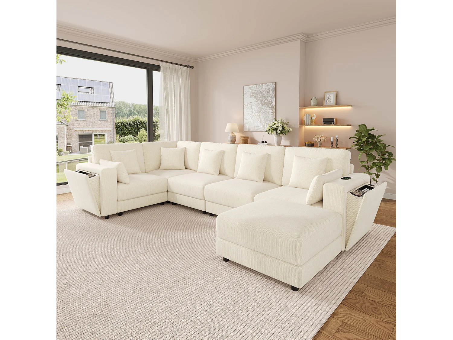 Ensemble canapé d'angle 6 places - 215 x 215 x 82 cm - avec USB + 2 accoudoirs de rangement + Pouf et coussins - chenille - beige